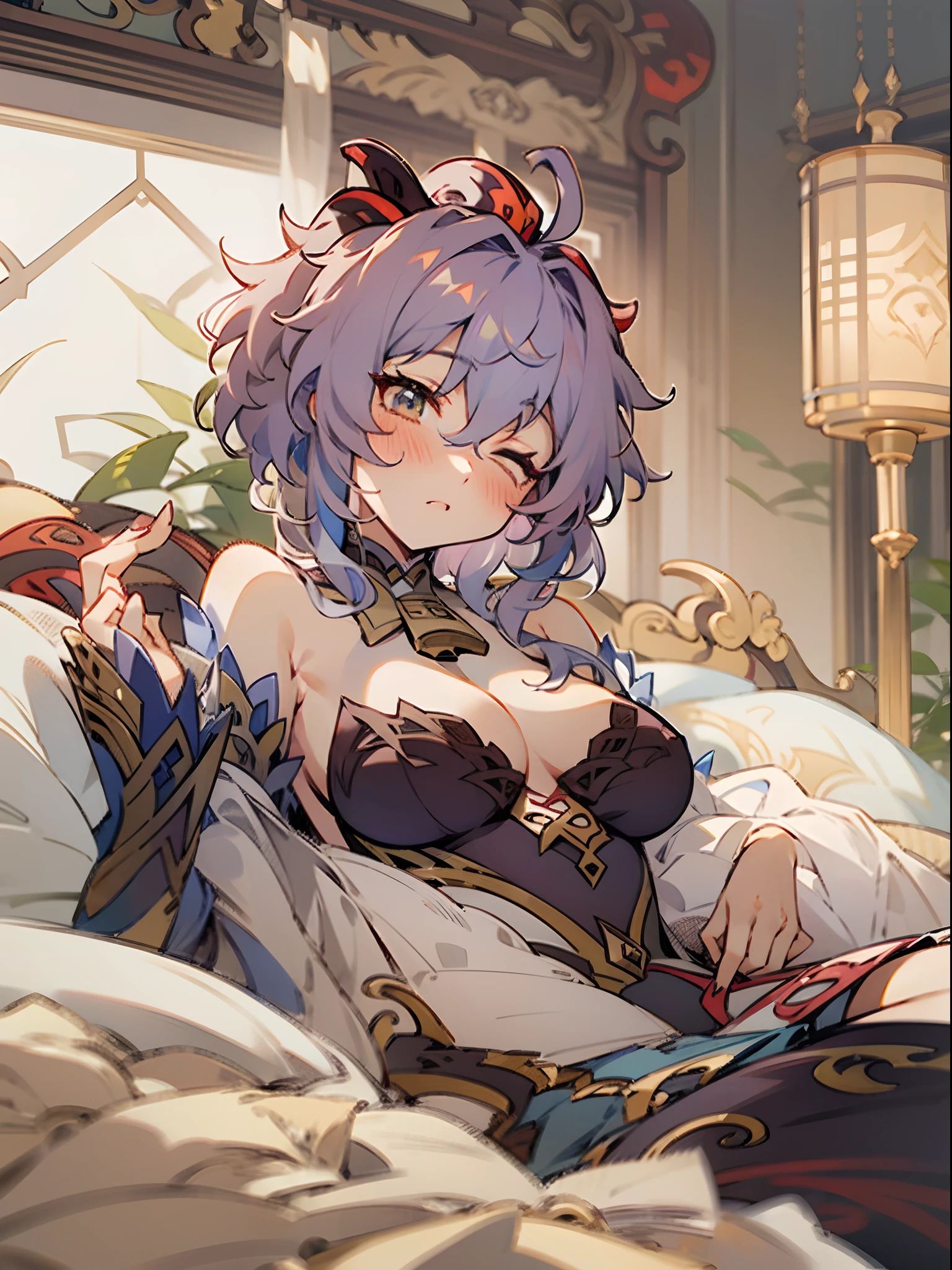 Genshin Impact, ganyu lying in bed, wanting to have sex, wearing lingerie, blushing, eyes closed