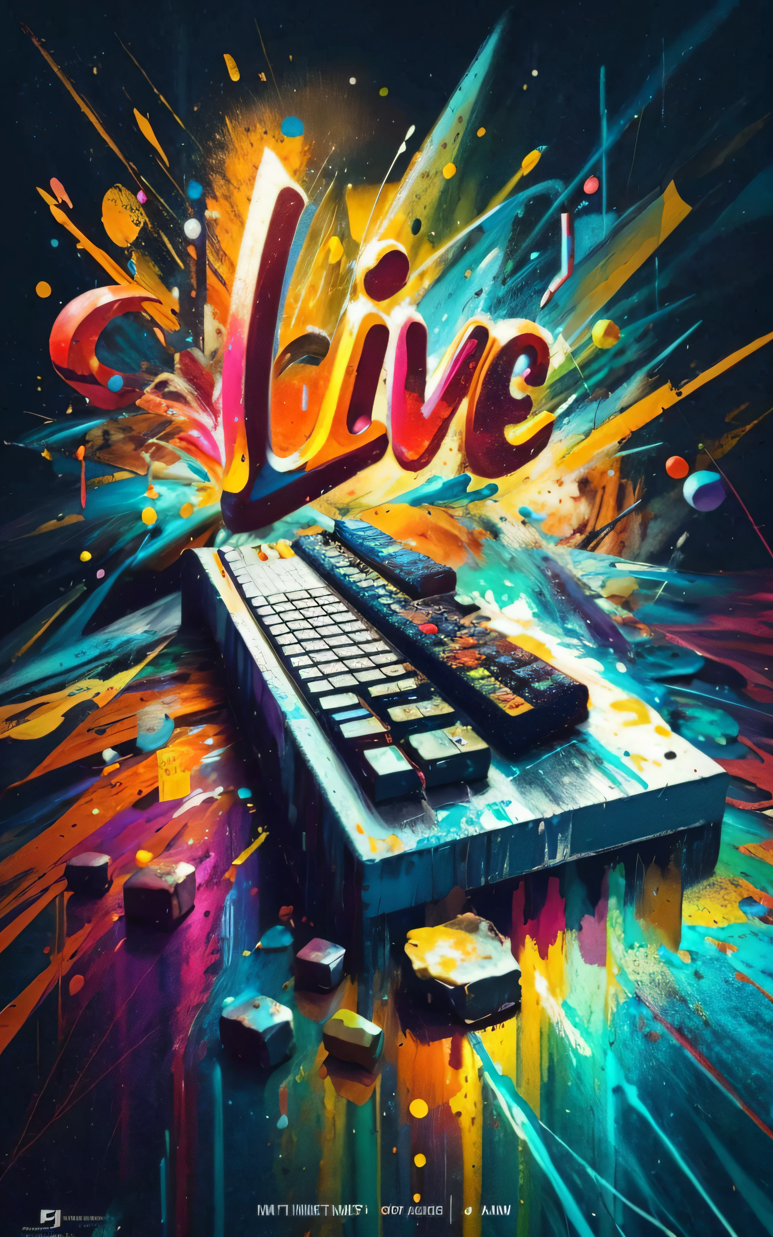 pintura de um teclado com uma mensagem ao vivo nele, concerto ao vivo, cores vivas, viver, arte oficial, livestream, live performance, Live2D, poster artwork, official poster artwork, No estilo Dan Mumford obra de arte, pintura digital altamente detalhada, estilo pintura digital, arte da capa, pintura digital altamente detalhada, Videoclipe do Festival 3HR ao vivo