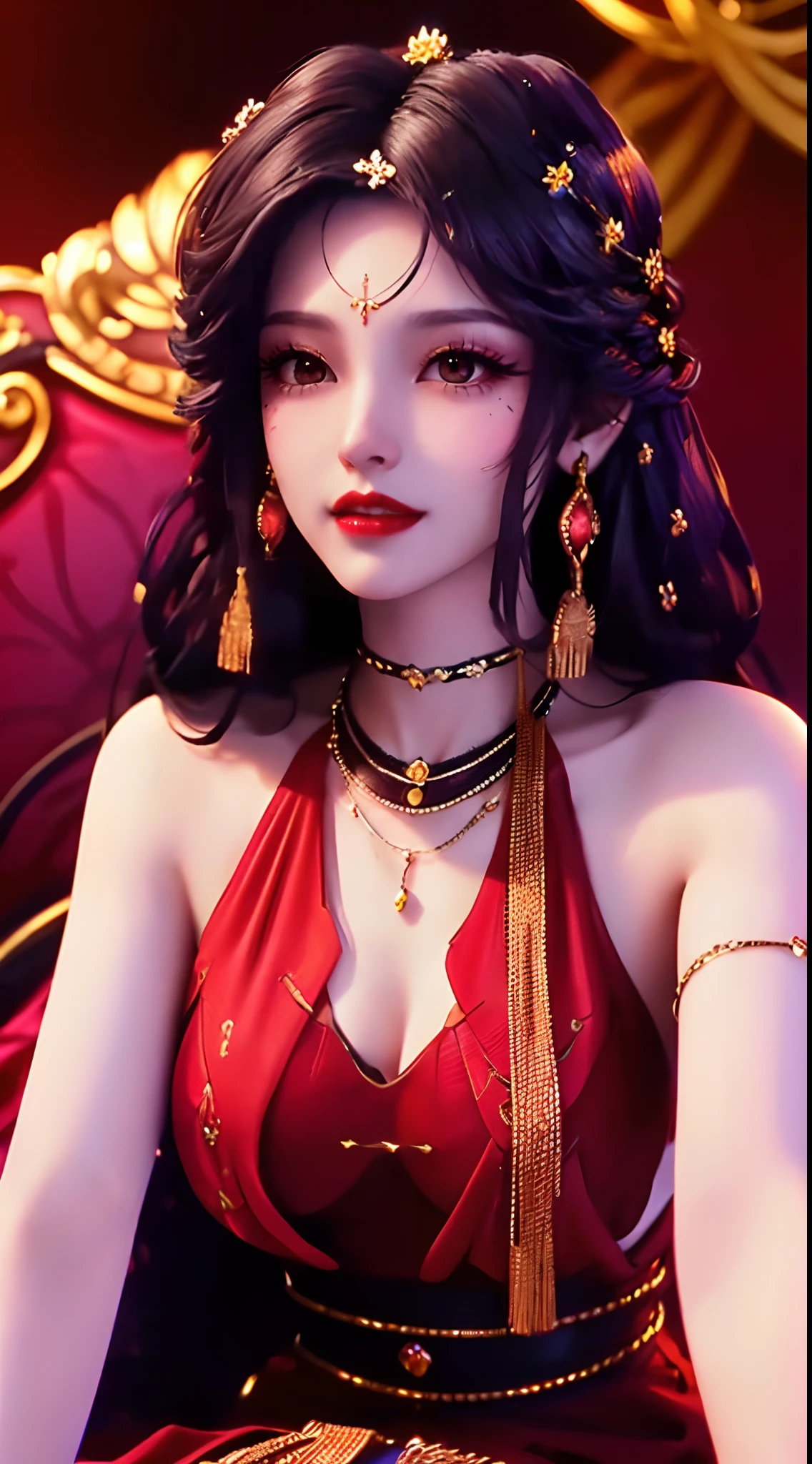 1 beautiful and sexy 20 year old girl, ((wearing a super thin red dress:1.6)), dress with diamonds, ((long purple-black hair:1.6)), bangs, elaborate jewelry made from stones noble and beautiful hair, ((wearing a black lace necklace:1.4))), noble, noble style of an extremely beautiful girl, super cute little face, very pretty face, fur thin eyebrows, flawless beautiful face, ((black eye pupils: 0.8)), very beautiful eyes, ((black eyes: 1.6)), beautiful makeup and detailed hairdo, eyelashes, eye makeup wet, high nose, earrings, red lips, ((closed mouth: 1;5 )) beautiful lips, slim hands, ((arms spread out to the sides: 1.5)), rosy face, clean face, flawless beautiful face, smooth white skin, (big breasts: 1.5)), ((high breasts: 1.6)), firm breasts, nice cleavage, (((big and super round breasts: 1.8))) , ((super firm breasts: 1.7)) , beautiful breasts, perfect body, (((sitting position, leaning back and hands behind: 1.5))), ((chest puffed out: 1.5)) , don't be shy, 8k photos, super high quality, super realistic, super 10x pixels, optical, bright studio, bright edges, two-tone lighting, (high detail skin:1.2), super 8k, soft lighting , high quality, volumetric light, optical, optical high resolution, light, best photo, 4k, 8k quality, blur effect, smooth sharpness, 10 x pixels, ((flower red background:1.5)), aurora, lightning, super realistic graphics, most realistic graphics, alone, solo, Extremely sharp, surreal images, (((frontal portrait: 1.4)))."