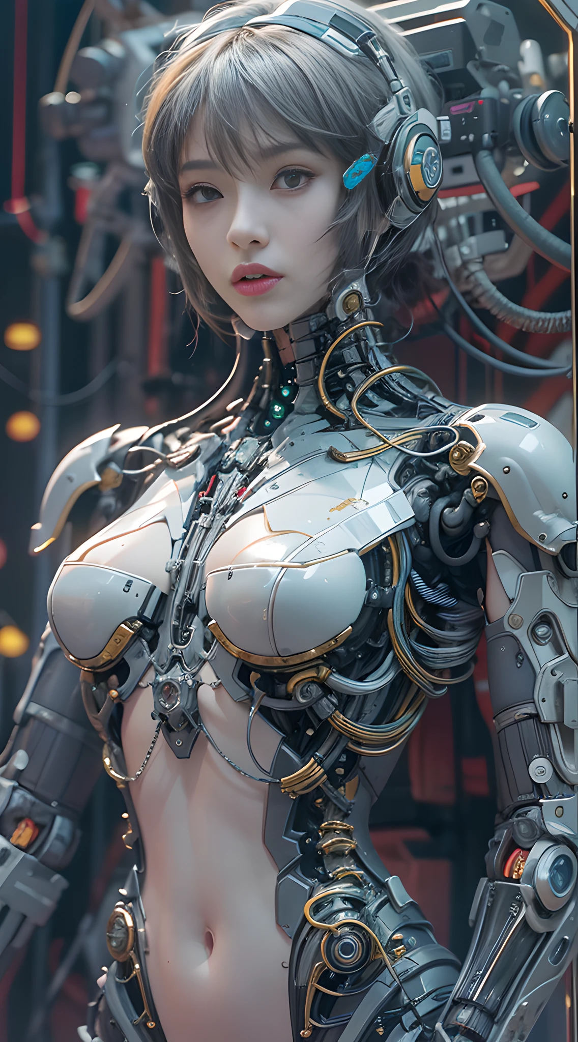 of the highest quality, masutepiece, 超高分辨率, ((Photorealistic: 1.4), RAW photo, 1 Cyberpunk Girl, Glossy glossy skin, 1 mechanical girl, (Super realistic details)), Mechanical limbs, Tubes attached to mechanical parts, Mechanical vertebrae attached to the spine, mechanical cervical attachment to the neck, wires and cables connecting to head, Evangelion, Ghost in the Shell, Luminous small light, globalillumination, Deep shadows, Octane rendering, 8K, ultrasharp, metal, Intricate Ornament Details, Baroque details, highly intricate detail, Realistic light, Trends in CG, Facing the camera, neon light detail, (Android factory in background), art by H.r. Giger and Alphonse Mucha.