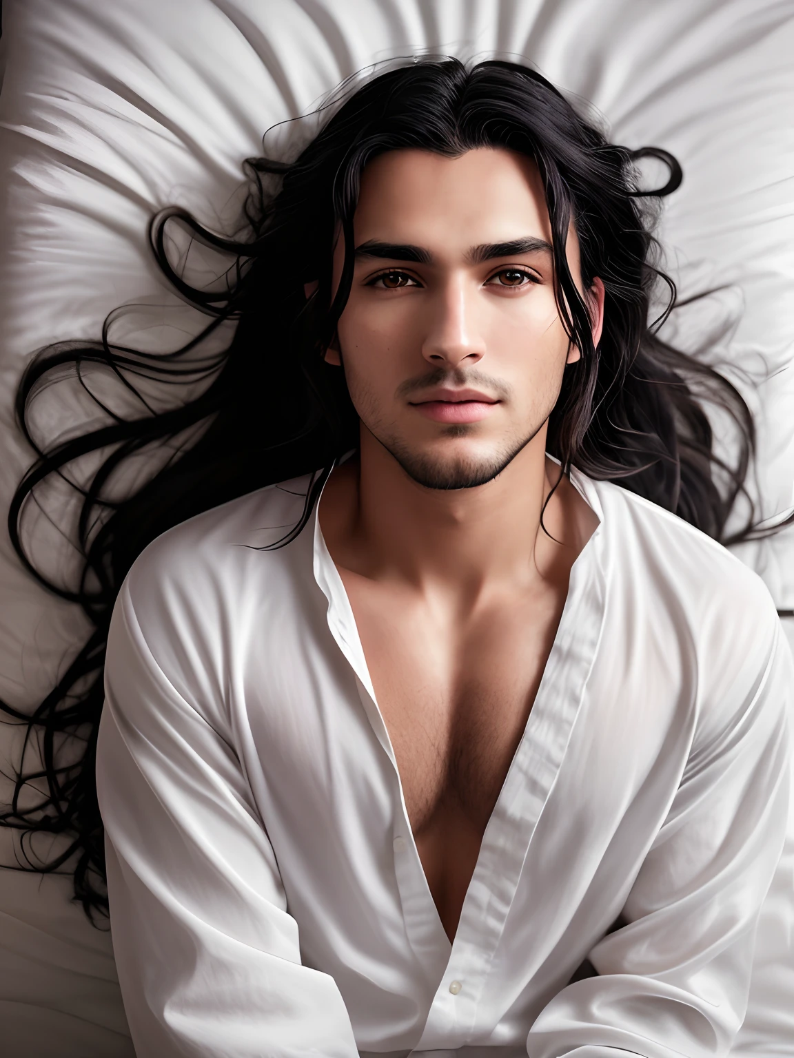 Foto de um homem europeu de 20 anos, .RAW, Beautiful (cabelos pretos longos). ((retrato)), ((Rosto detalhado: 1.2)), ((detailed facial features)), (pele finamente detalhada), Brown skin, barba, wrapped in a sheet, ambiente do quarto, sentado na cama, (cor fria), humid, humid, Refletores, (masutepiece) (perfectly proportions)(fotos realistas)(best quality) (circunstanciado) fotografado em uma Canon EOS R5, Lente 50mm, F/2.8, NFFSW, (8k) (papel de parede) (cinematographic lightning) (dramatic lighting) (foco nítido) (Complicado) moda, de cima