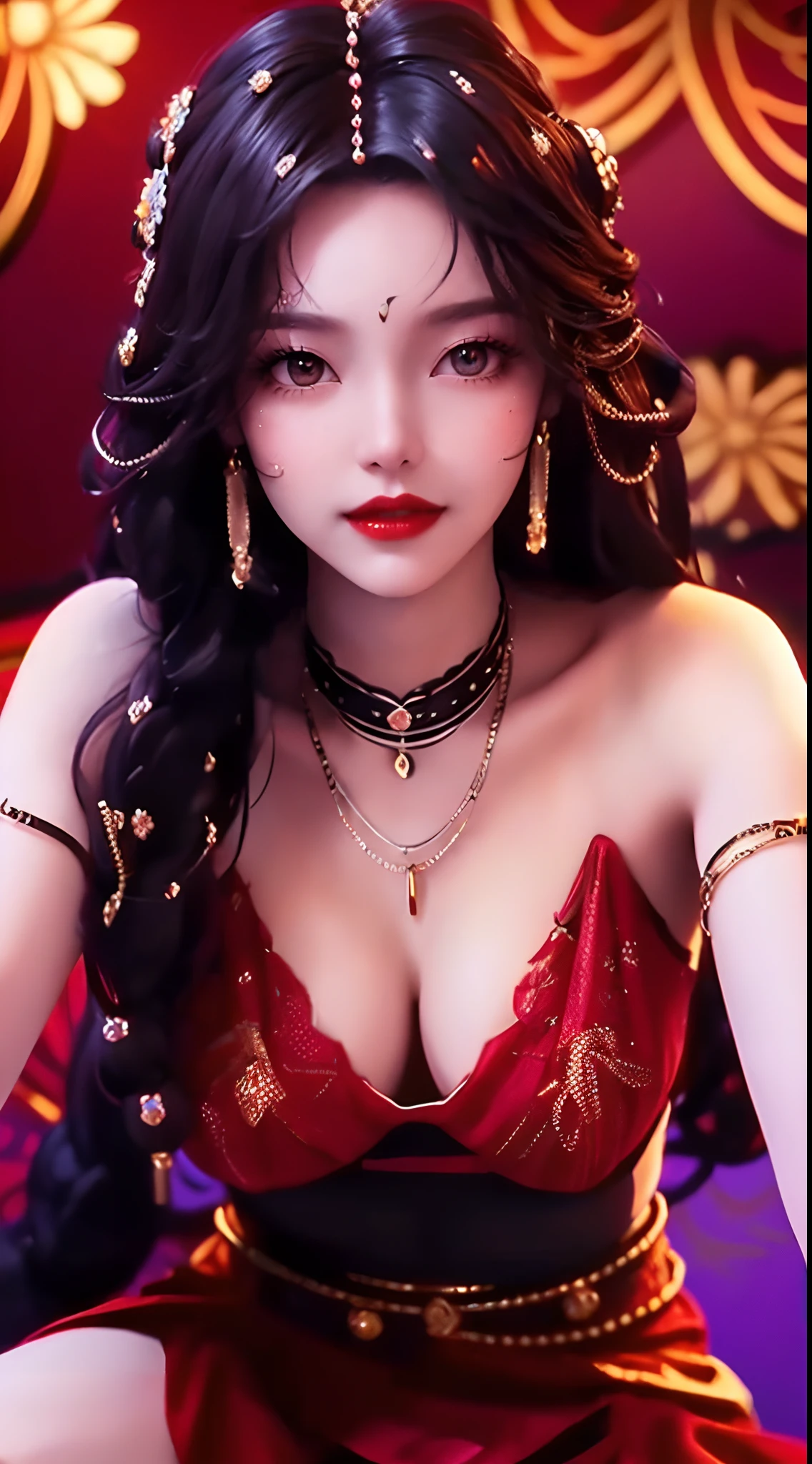 1 beautiful and sexy 20 year old girl, ((wearing a super thin red dress:1.6)), dress with diamonds, ((long purple-black hair:1.6)), bangs, elaborate jewelry made from stones noble and beautiful hair, ((wearing a black lace necklace:1.4))), noble, noble style of an extremely beautiful girl, super cute little face, very pretty face, fur thin eyebrows, flawless beautiful face, ((black eye pupils: 0.8)), very beautiful eyes, ((black eyes: 1.6)), beautiful makeup and detailed hairdo, eyelashes, eye makeup wet, high nose, earrings, red lips, ((closed mouth: 1;5 )) beautiful lips, slim hands, ((arms spread out to the sides: 1.5)), rosy face, clean face, flawless beautiful face, smooth white skin, (big breasts: 1.5)), ((high breasts: 1.6)), firm breasts, nice cleavage, (((big and super round breasts: 1.8))) , ((super firm breasts: 1.7)) , beautiful breasts, perfect body, (((sitting position, leaning back and hands behind: 1.5))), ((chest puffed out: 1.5)) , don't be shy, 8k photos, super high quality, super realistic, super 10x pixels, optical, bright studio, bright edges, two-tone lighting, (high detail skin:1.2), super 8k, soft lighting , high quality, volumetric light, optical, optical high resolution, light, best photo, 4k, 8k quality, blur effect, smooth sharpness, 10 x pixels, ((flower red background:1.5)), aurora, lightning, super realistic graphics, most realistic graphics, alone, solo, Extremely sharp, surreal images, (((frontal portrait: 1.4)))."