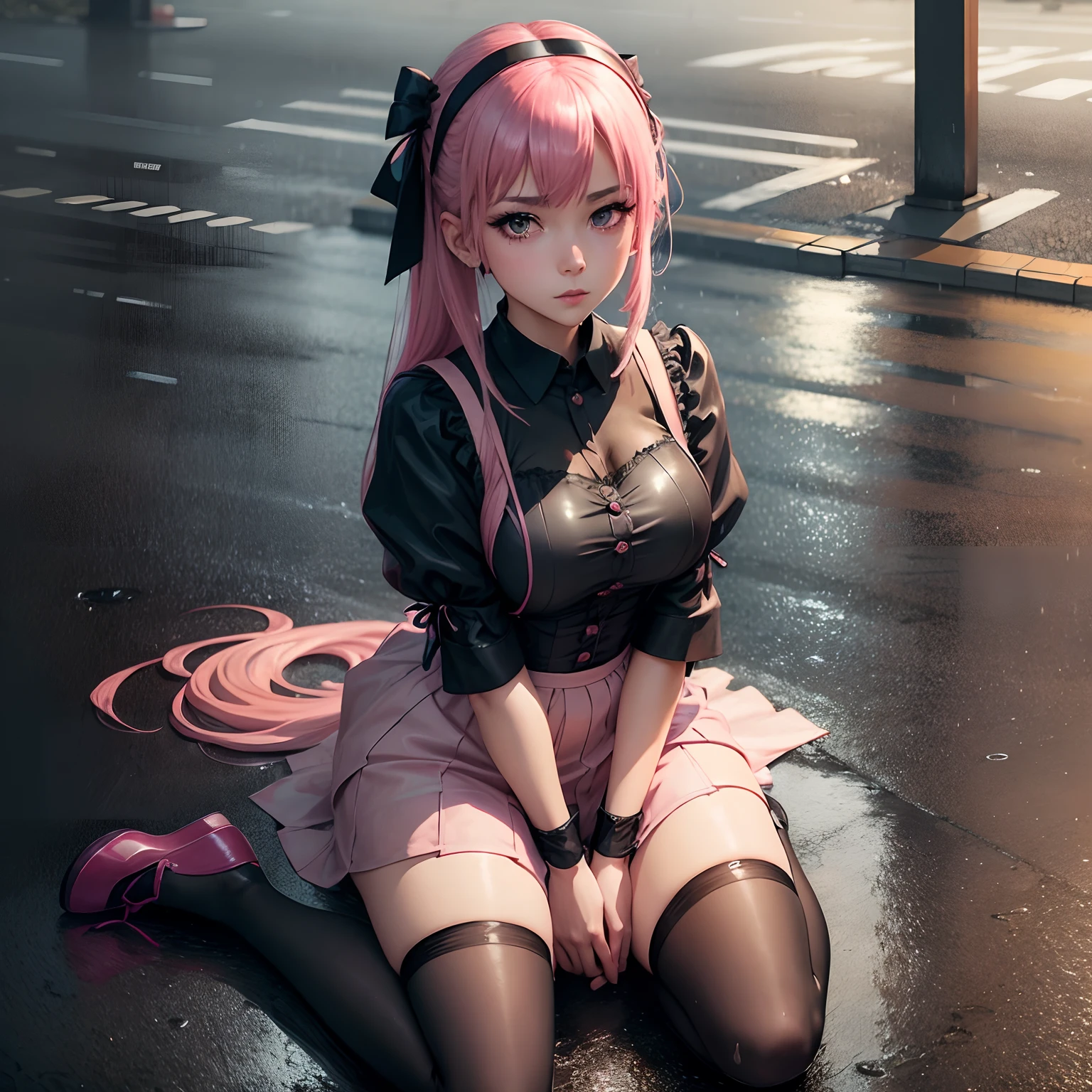 A stern girl in Japanese maid's clothes and long stockings sits on the wet pavement in a parking lot in the rain at night. Dark anime drawing in gothic pixiv style , pink hair, high-quality