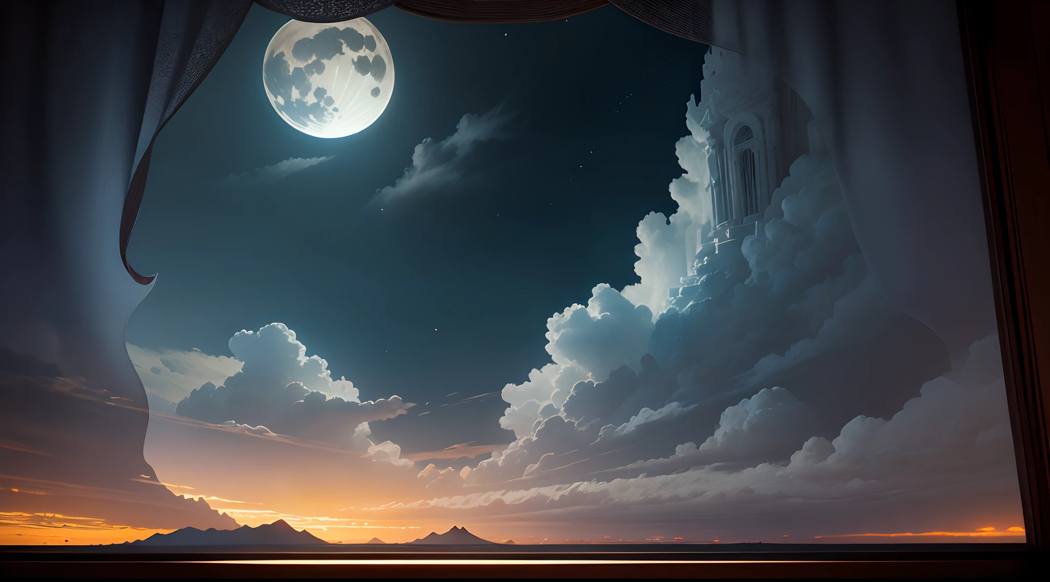 Through the window, That mysterious night recently, In the twilight, This is the most romantic picture, nigth, Gentle moon, Illuminate the surrounding clouds, Clouds in the dark are murals of the Mogao Grottoes, Purify the internal flow