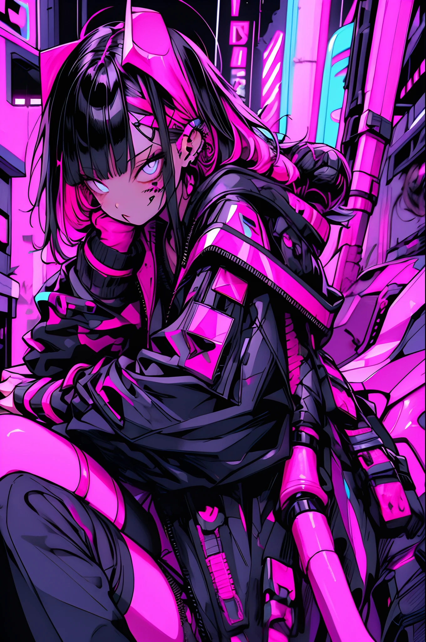 girl, pink long hair, cool black open short jacket, tatoos, messy fade cut hair, crazy, sit pose, on futuristic neon night street background,poser