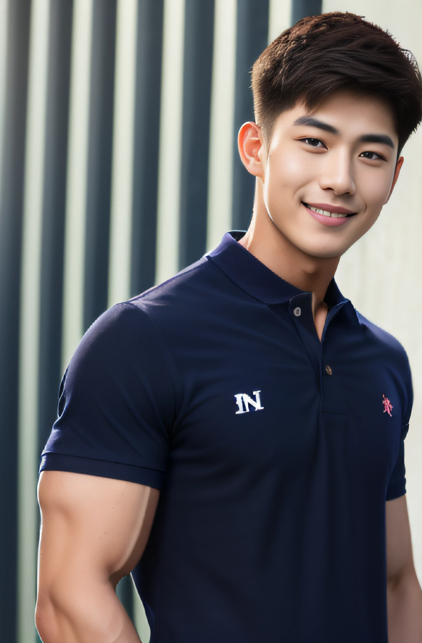 A handsome men ,20 age , Short Hair Hair, korea , Student，(((Wear a navy polo shirt without stripes......))), smile , front-view ,Pectoral muscles, Wide shoulders ,athlete , Upper body (1),  It's raining: 1.3, gym: 1.2, body dripping wet: 1.1,