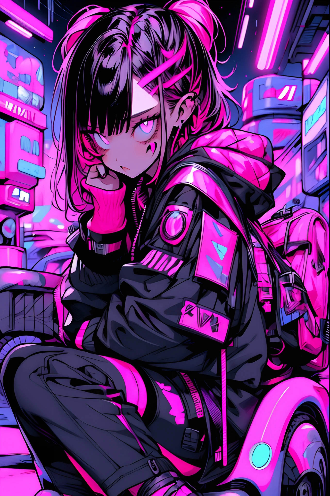 girl, pink long hair, cool black open short jacket, tatoos, messy fade cut hair, crazy, sit pose, on futuristic neon night street background,poser