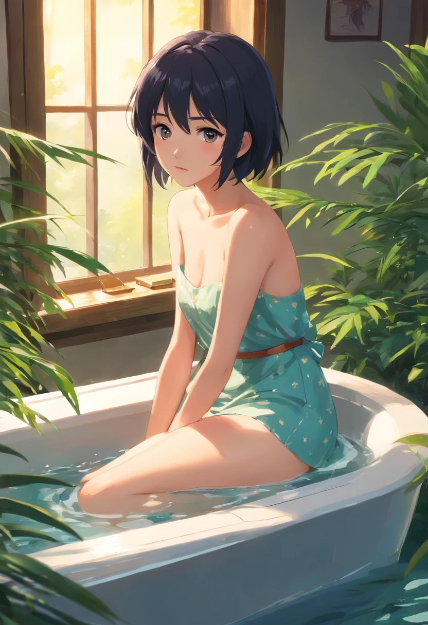 Girl in the cypress bathtub, Boldly opening your legs and getting into the bathtub Wistful eyes Black hair, 20 years old young, Asian Woman, (Realistic:1.3), (Photorealistic:1.3), Ultra-detailed, (highdetailskin:1.2), 8K UHD, Digital SLR, Soft lighting, High quality