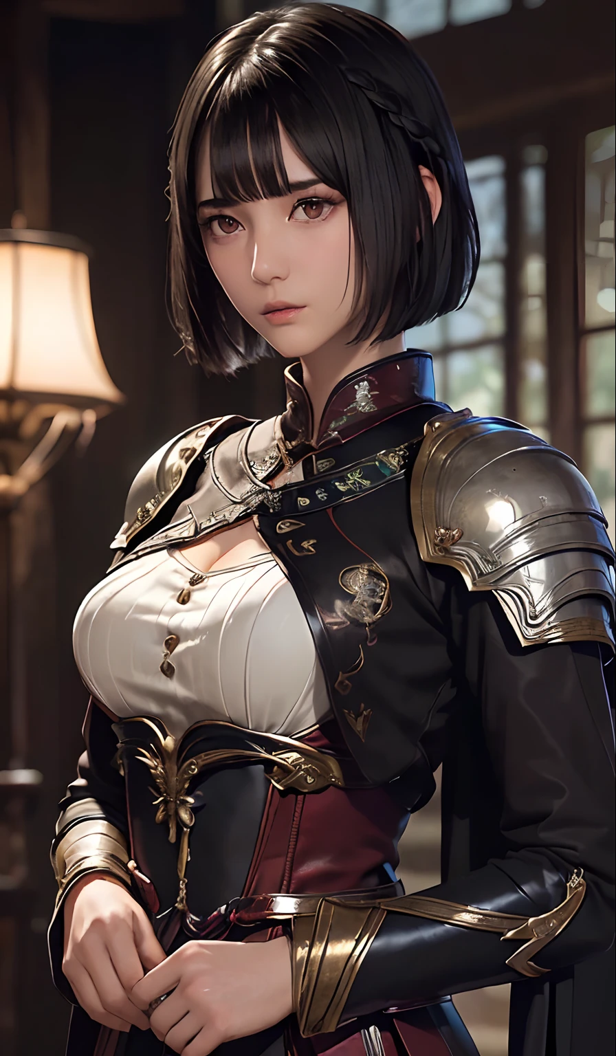 ((top-quality、​masterpiece:1.3))、sharp:1.2、Perfect Body Beauty:1.1)、Highly detailed facial and skin texture、Detailed eye、Fantasia、(Pitch black armor:1.3)、二重まぶた、((Shorthair:1.5))、(dark brown  hair)、(well-groomed bangs:1.2)、((One Woman))、Holding the sword、fantasy castle、Black Knight、darkened room、Darkness Falls、The Knight Who Turned Evil、Fallen into evil、Evil Warrior、((Beautiful hairstyle:1.4))、(Colossal tits)