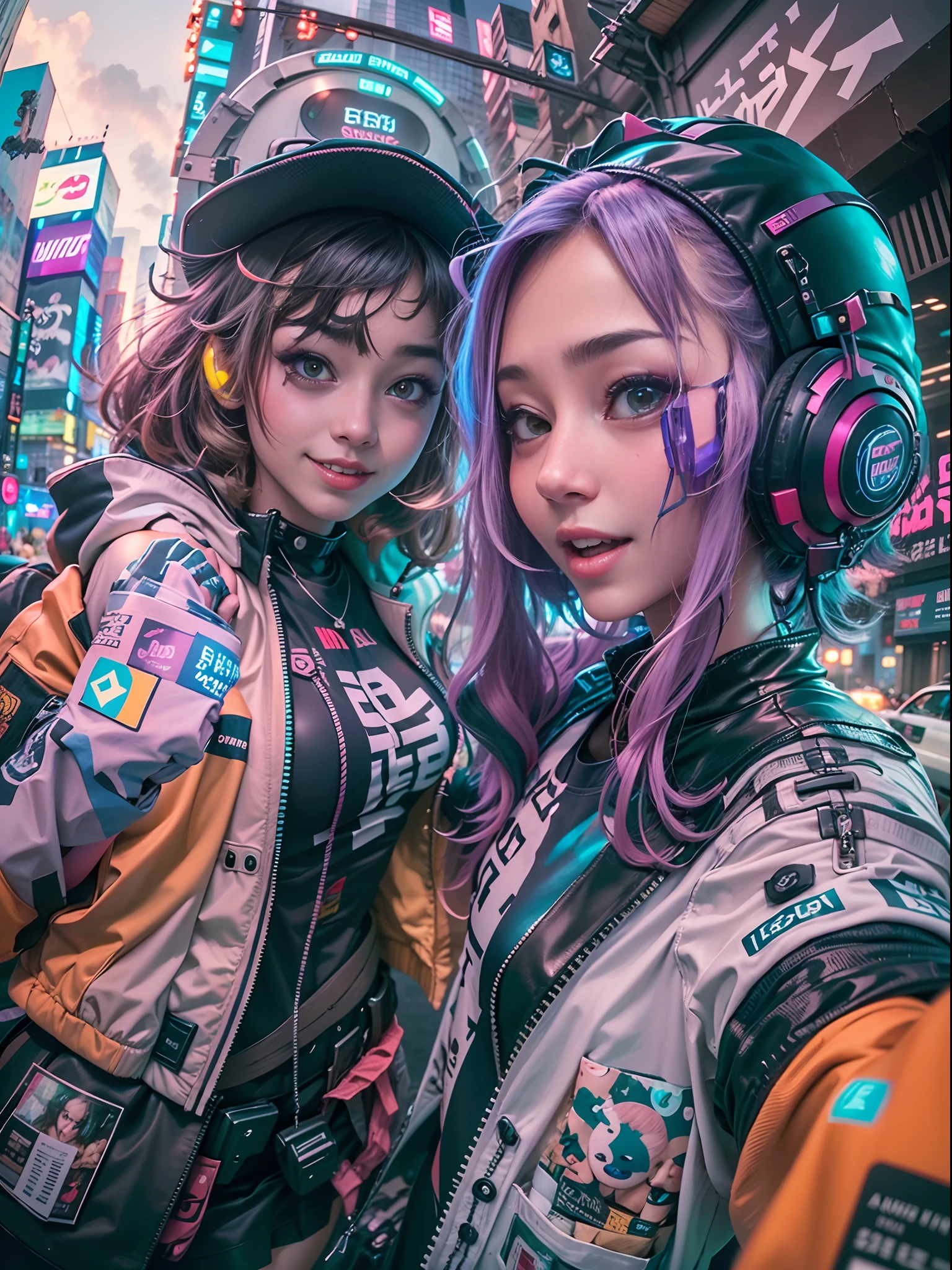 ((2 cyberpunk girls wearing Harajuku tech jackets)), fisheye, selfie, cowboy shot, wind, messy hair, cyberpunk cityscape, (aesthetics and atmosphere:1.2),smiling