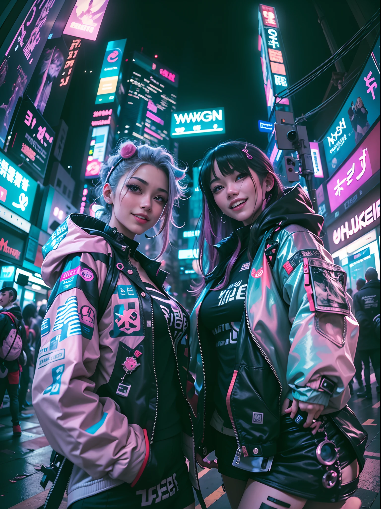 ((2 cyberpunk girls wearing Harajuku Tech costumes), (fisheyelens), self-shot, Cowboy shot, Wind, Messy hair, cyberpunk city landscape, (Aesthetics and atmosphere:1.2),Smiling, Laughing,wide wide shot