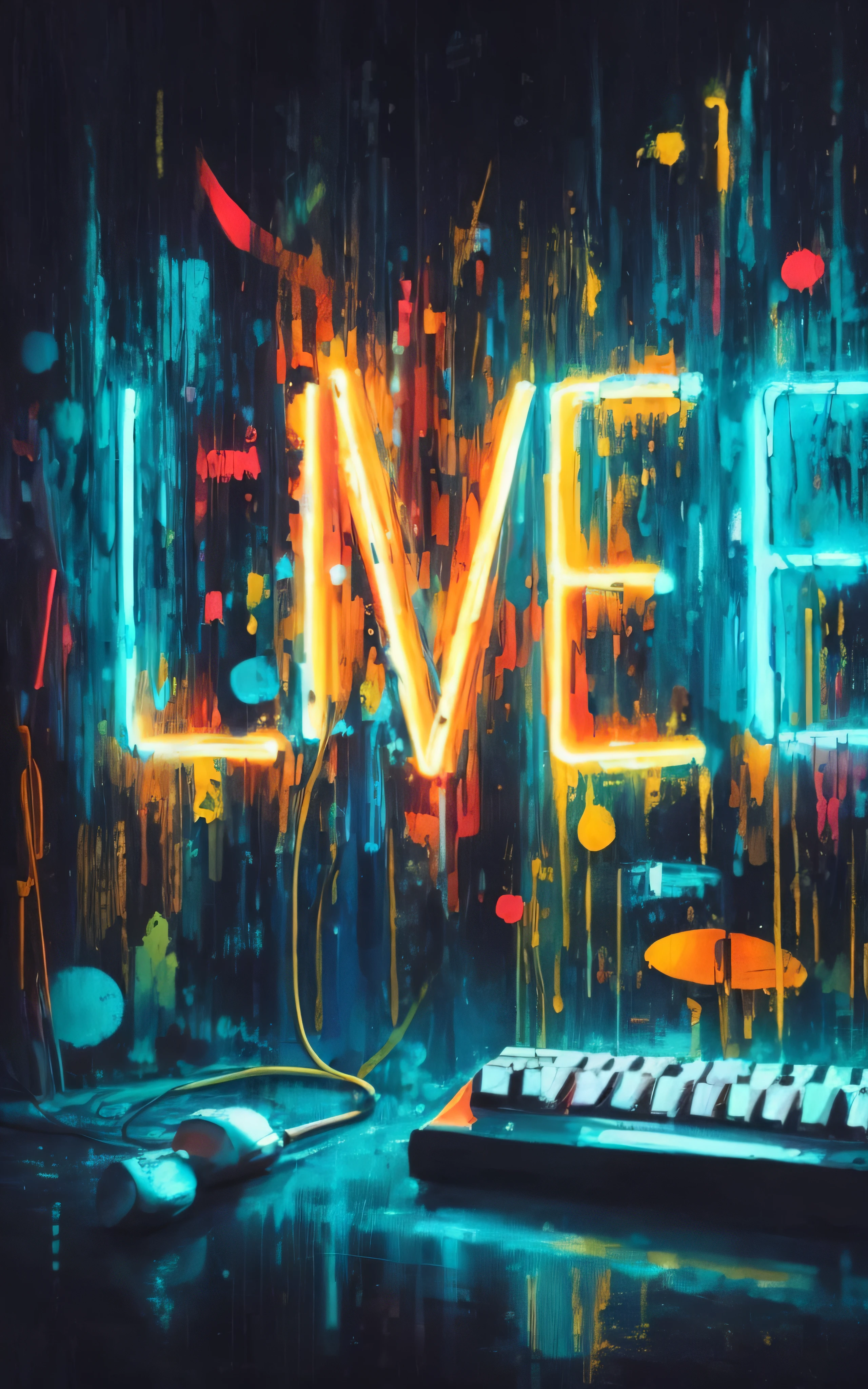 painting of a keyboard and a neon sign that says live, concerto ao vivo, cores vivas, viver, live performance, livestream, Videoclipe do Festival 3HR ao vivo, Symbols of living, neon cor mista pintura, 2 0 1 5 videoclipe ao vivo, pintura de tintas neon vibrantes, digital mixed media painting, colorful neon signs, Imagens ao vivo, uma pintura digital expressiva