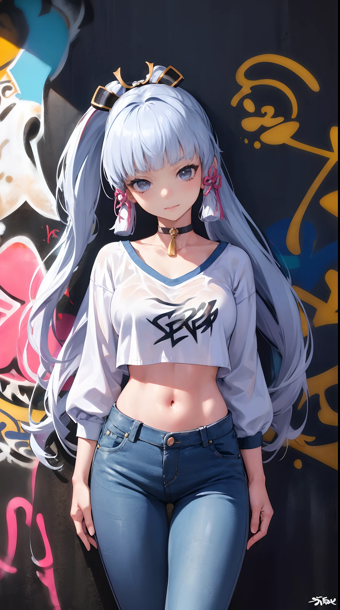 kamisato ayaka|genshin impact, master-piece, bestquality, 1girls,25 years old, proportional body, elongated legs, Beautiful, proportional., crop top, Long Jeans, mediuml breasts, ,bara, crop top, choker, (Graffiti:1.5), Splash with purple lightning pattern., arm behind back, against wall, View viewers from the front., Thigh strap, Head tilt, bored,(NSTDA.:1.2), (10, beste-Qualit, master-piece: 1.4), Beautiful red hair, ultra-high resolution, (lifelike, photorealistic portrait: 1.48), 20 age, Cute Girl, (Looking Through Crop Tops.), Famous Japanese actors, beautiful clear eyes, Head tilt, cowboy shot, from the front, looking at the audience, expressionless, Beautiful lake, Zeiss 150mm F/ 2.8 Hasselblad,  Whole body, foot, Ultra-Wide Angle,