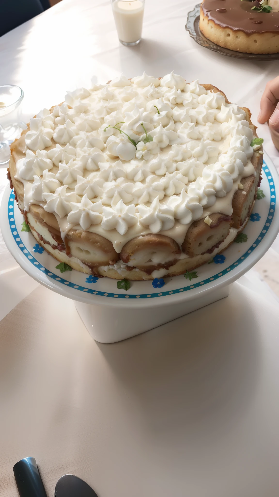 There's a white cherry in a meadow on a table, Chantilly por cima, Foi, sobremesa, receita, It was birthday, Tartakovsky, inspirado em Wolfgang Letti, Chantilly, close - up view, close-up view, Pronto para comer, um tiro largo e cheio, Frente cheia, prado, Mar de Parfait, Bolos