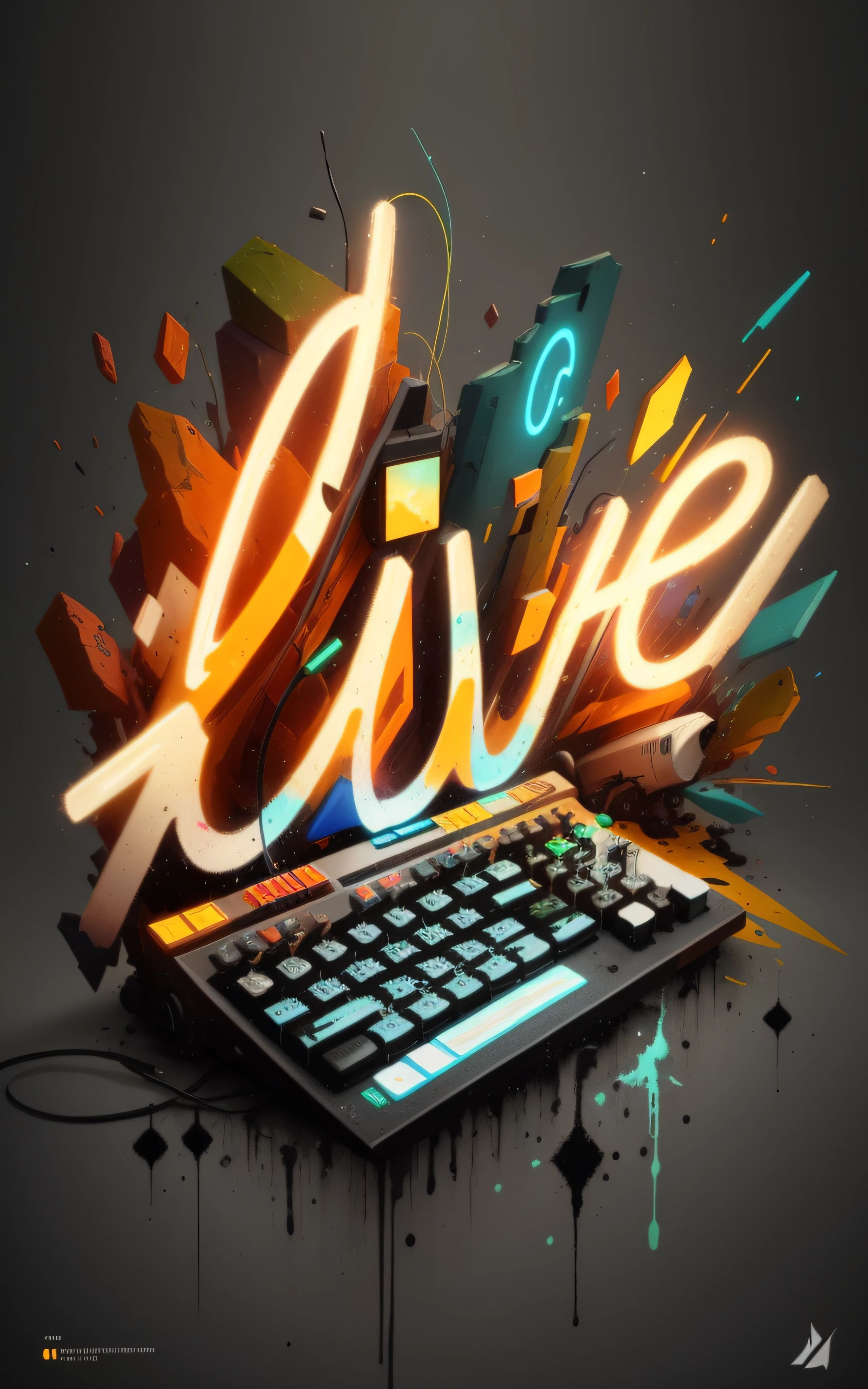 pintura de um teclado com a palavra ao vivo escrita nele, livestream, Videoclipe do Festival 3HR ao vivo, viver, cores vivas, Live2D, live performance, Arte do disco elysium, bipe. hiper-realismo, estilo disco elysium!!!, arte oficial, Symbols of living, Beeple e Mike Winkelmann, concerto ao vivo, como uma oficina cyberpunk