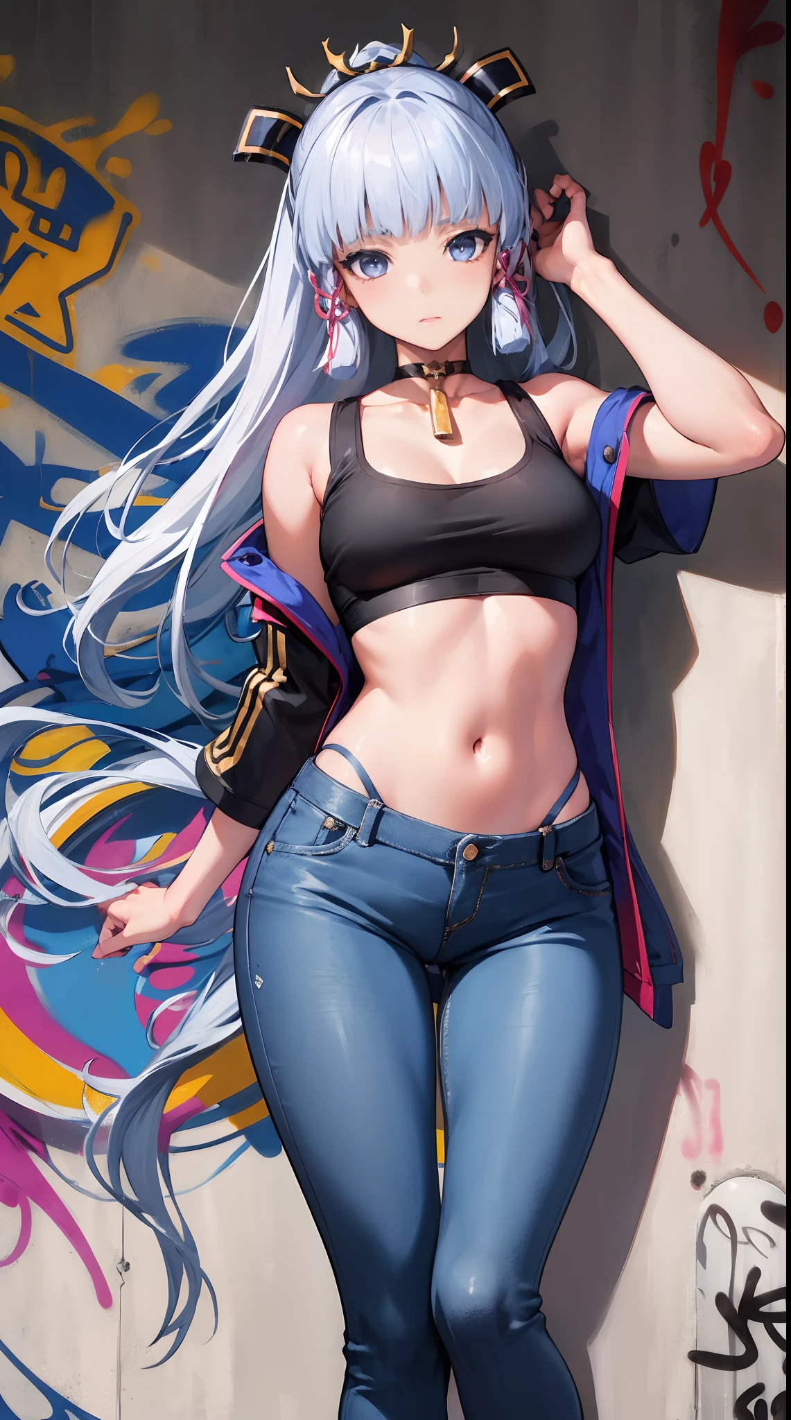 kamisato ayaka|genshin impact, master-piece, bestquality, 1girls,25 years old, proportional body, elongated legs, Beautiful, proportional., crop top, Long Jeans, mediuml breasts, ,bara, crop top, choker, (Graffiti:1.5), Splash with purple lightning pattern., arm behind back, against wall, View viewers from the front., Thigh strap, Head tilt, bored,(NSTDA.:1.2), (10, beste-Qualit, master-piece: 1.4), Beautiful red hair, ultra-high resolution, (lifelike, photorealistic portrait: 1.48), 20 age, Cute Girl, (Looking Through Crop Tops.), Famous Japanese actors, beautiful clear eyes, Head tilt, cowboy shot, from the front, looking at the audience, expressionless, Beautiful lake, Zeiss 150mm F/ 2.8 Hasselblad,  Whole body, foot, Ultra-Wide Angle,