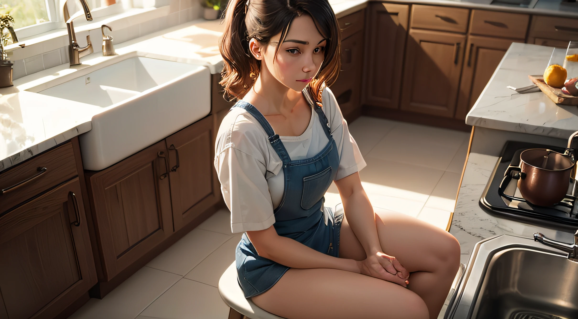 woman sitting on top of her kitchen's sink, bottomless, peeing