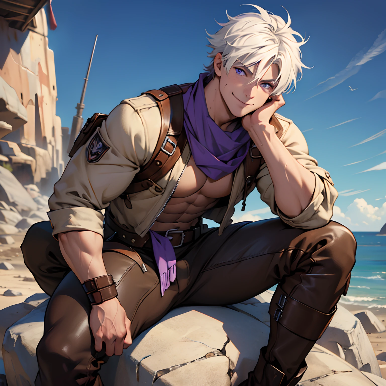 Solo, anime, male, muscular, abs, pecs, white hair, purple eyes, faint freckles on face, short hair, smiling, wearing a brown leather duster, wearing a bandana, sitting on a rock in a wasteland