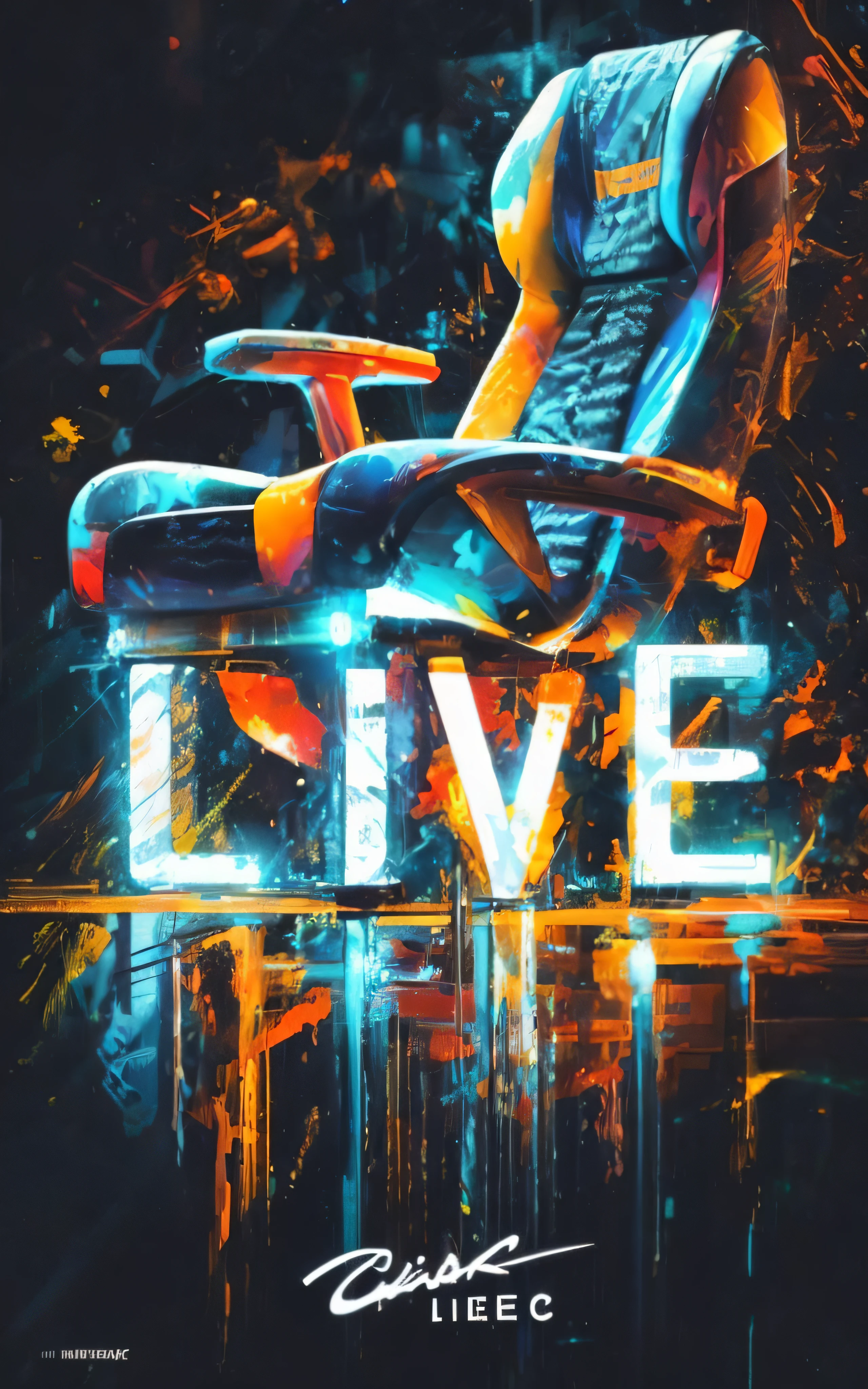 a poster of a chair with a neon paint effect on it, concerto ao vivo, official poster artwork, cores vivas, poster artwork, live performance, arte oficial, Live2D, Videoclipe do Festival 3HR ao vivo, Symbols of living, inspirado em Mike Winkelmann, Imagens ao vivo, No estilo Dan Mumford obra de arte, pintura digital futurista, viver, livestream