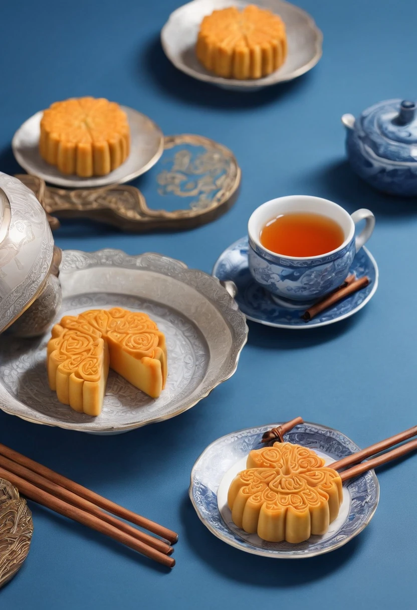 Mid-Autumn Festival,delicacies{{Moon cake}},Tea,Full moon in the distance,Background of blue gradient,Anatomically correct,High quality, Best quality, A high resolution, chinese background
