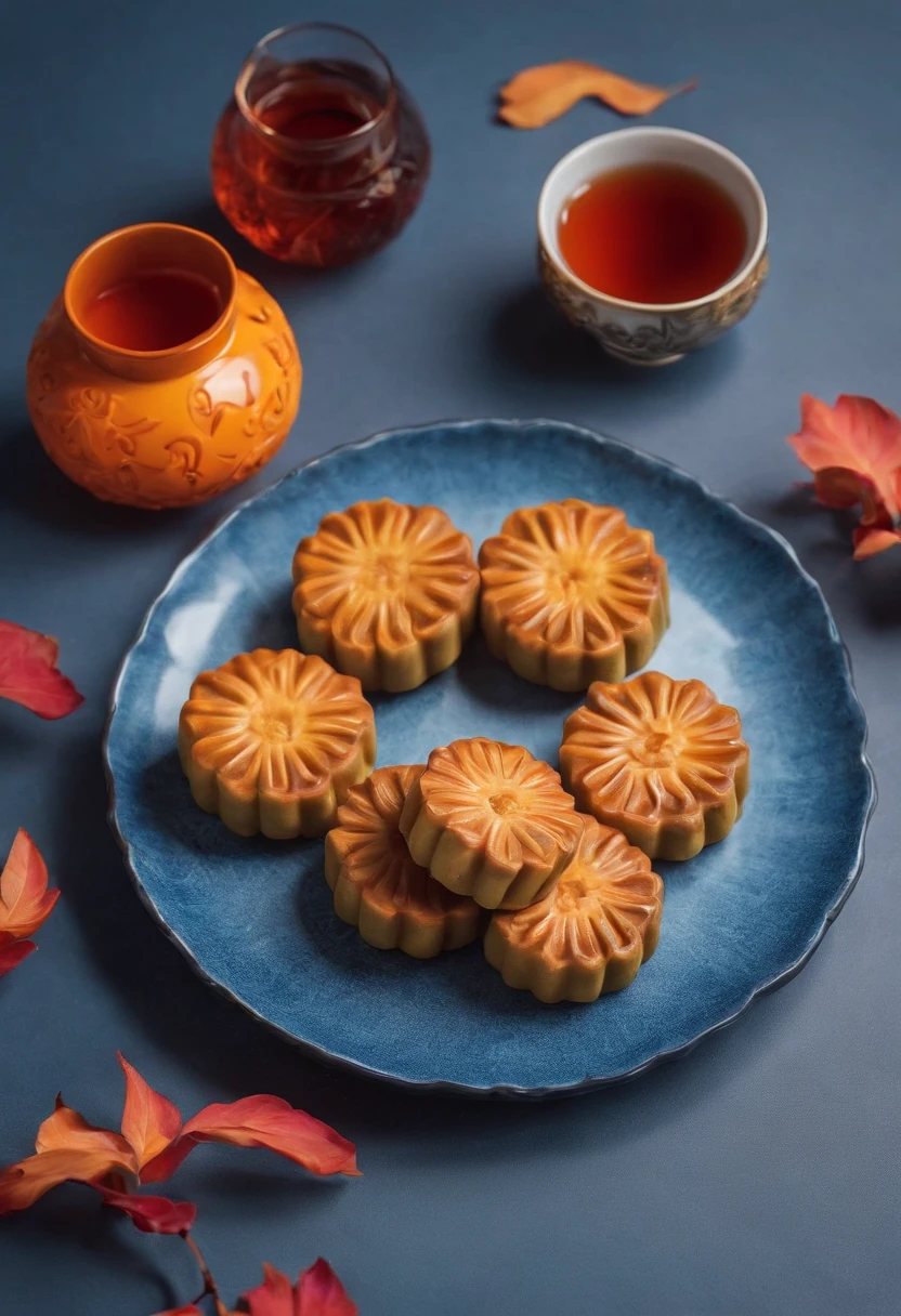 Mid-Autumn Festival，delicacies{{Moon cake}}，Tea，Full moon in the distance，Background of blue gradient，Anatomically correct，High quality, Best quality, A high resolution, chinese background