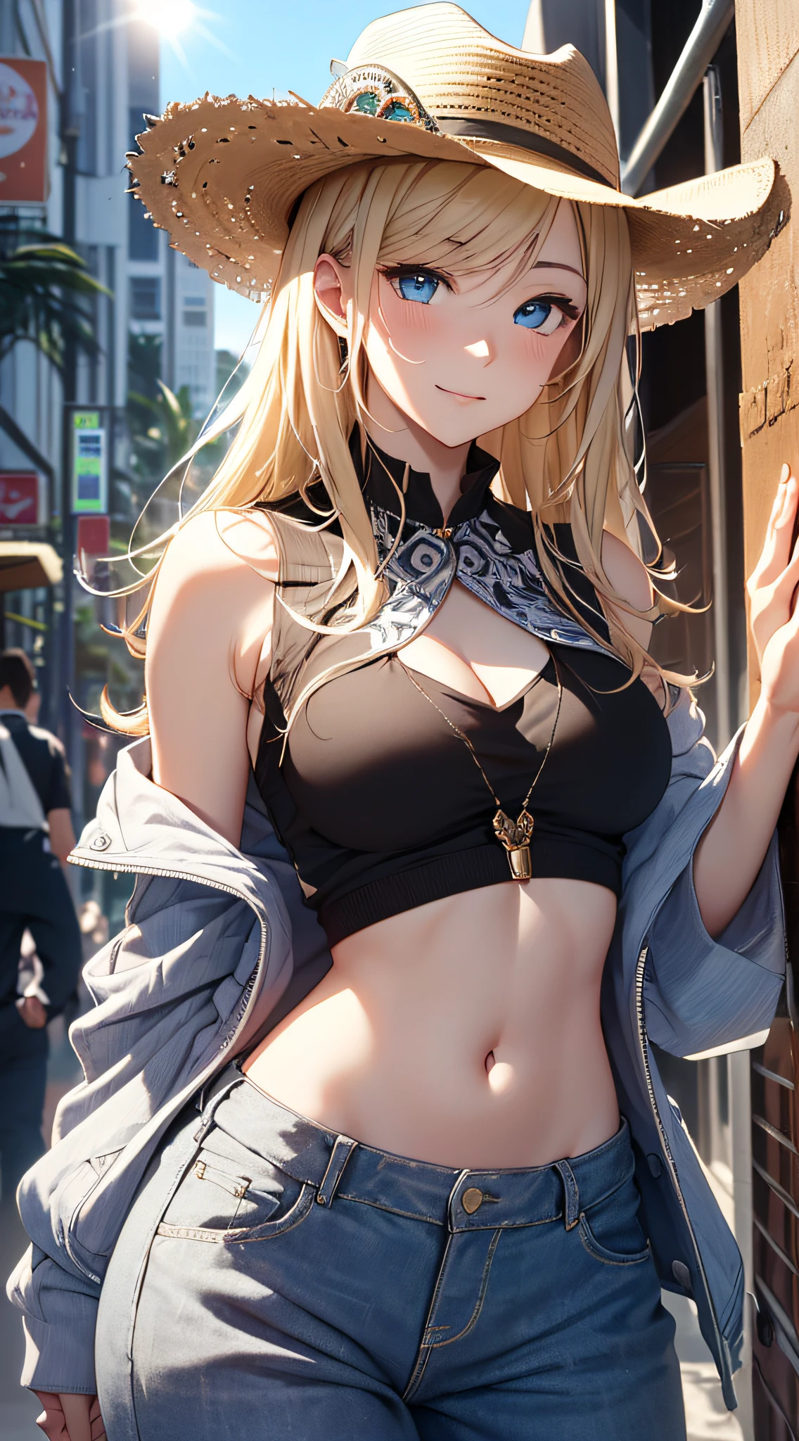 top-quality、Top image quality、​masterpiece、girl with((18year old、 White navel tank top、Black vest、Blue long trousers、Best Bust、Bust 85、a blond、Semi-long、Cowboy Hat、Blue eyes、open chest wide、Valley、Happiness、A slender、Shy face)）hiquality、Beautiful Art、Background with((A city in Hawaii with beautiful sunshine))、masutepiece、Elaborate design、visualart