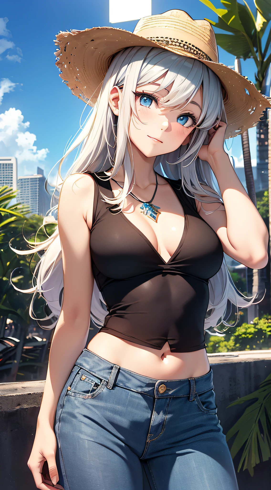 top-quality、Top image quality、masterpiece、girl with((18year old、 White navel tank top、Black vest、Blue long trousers、Best Bust、Bust 85、a blond、Semi-long、Cowboy Hat、Blue eyes、open chest wide、Valley、Happiness、A slender、Shy face))hiquality、Beautiful Art、Background with((A city in Hawaii with beautiful sunshine))、masutepiece、Elaborate design、visualart