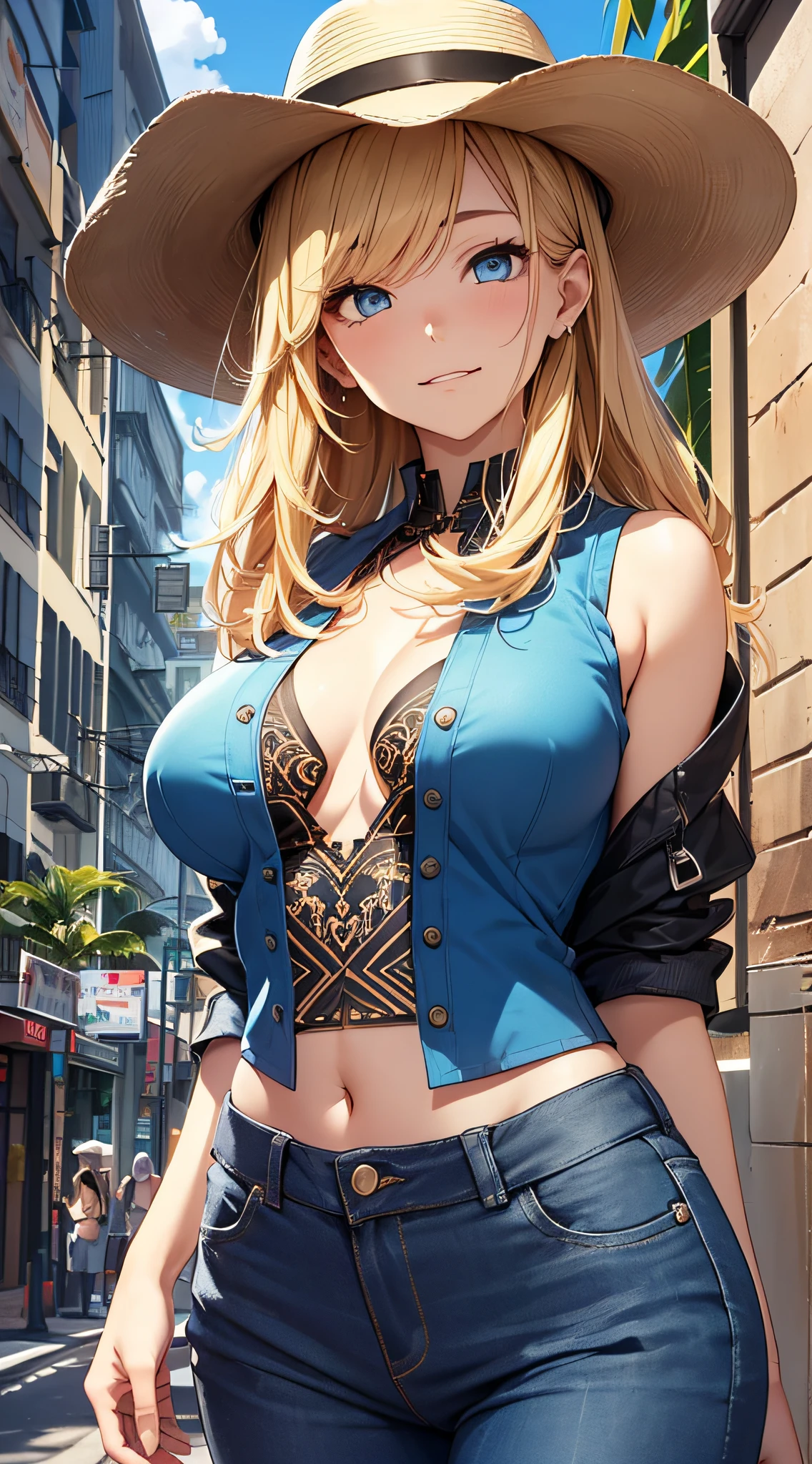 top-quality、Top image quality、masterpiece、girl with((18year old、 White navel tank top、Black vest、Blue long trousers、Best Bust、Bust 85、a blond、Semi-long、Cowboy Hat、Blue eyes、open chest wide、Valley、Happiness、A slender、Shy face))hiquality、Beautiful Art、Background with((A city in Hawaii with beautiful sunshine))、masutepiece、Elaborate design、visualart