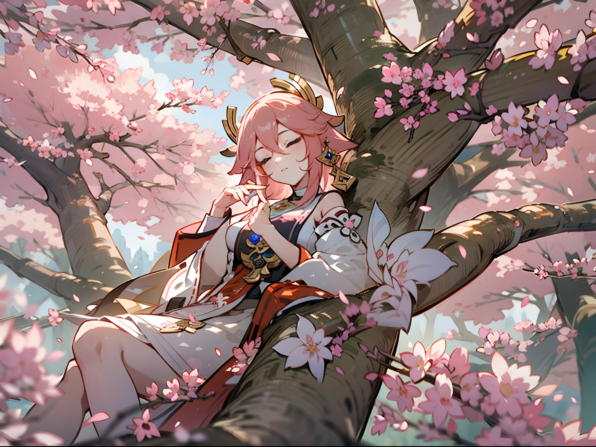 Genshin Impact, Yae Miko sound asleep in Sakura forest, cherry blossoms, beautiful scenery, HDR, UHD