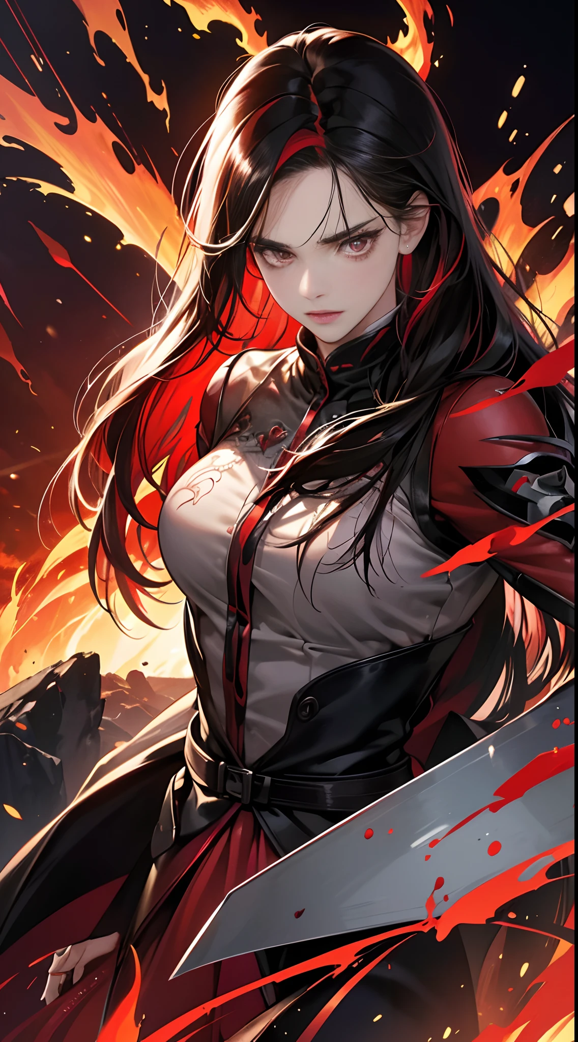 (Best Quality,4K,High resolution), 18yo woman, Red mesh hair on black hair, Long hair, Straight hair, , Comical appearance,(Best Quality,4K,High resolution), 18yo woman, Red highlights on black hair, Long hair, Straight hair, Transforming Woman,An abnormal,Cold eyes ,sharp eye,distressed look,Red glowing eyes,Facial expression enhancement,,Changing the Appearance of a Transform,beast,Beastification,Evil Fight,buttle,Delicate illustrations drawn in detail,Torn clothes with decoration,Disheveled clothes,Realistic portrayal,Vibrant colors,expresive,Classic background