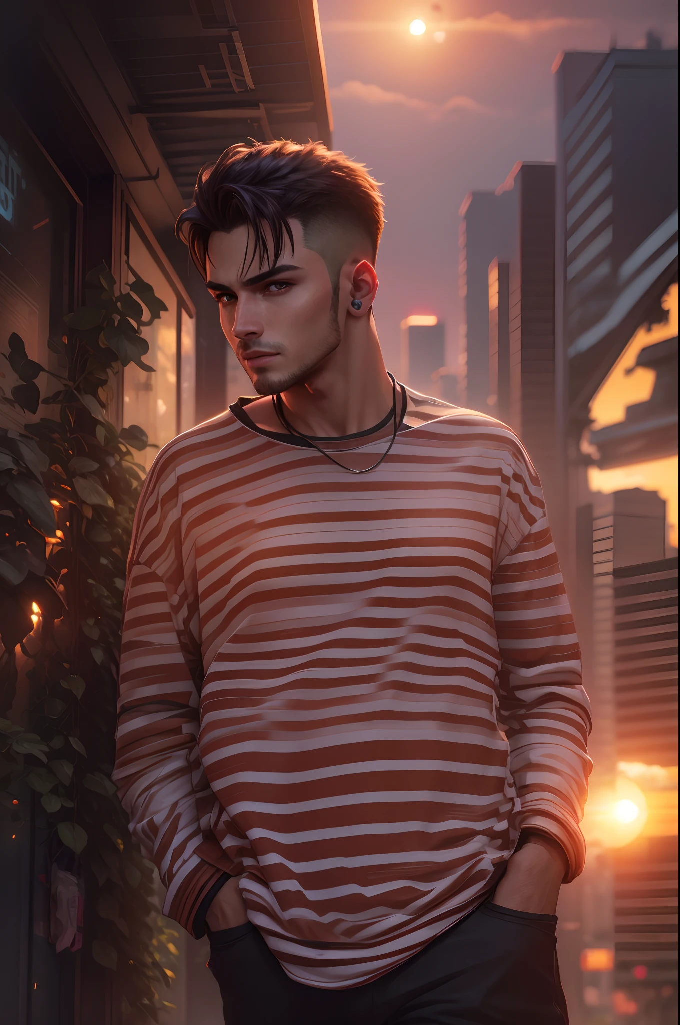 Realistic face, cyberpunk, good looking, handsome boy, sunset view in this person background, 8k regulations