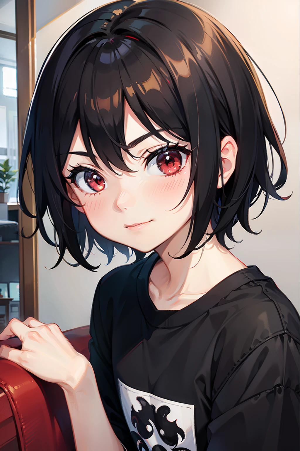 Anime girl with black hair and red eyes holding a red suitcase - SeaArt AI