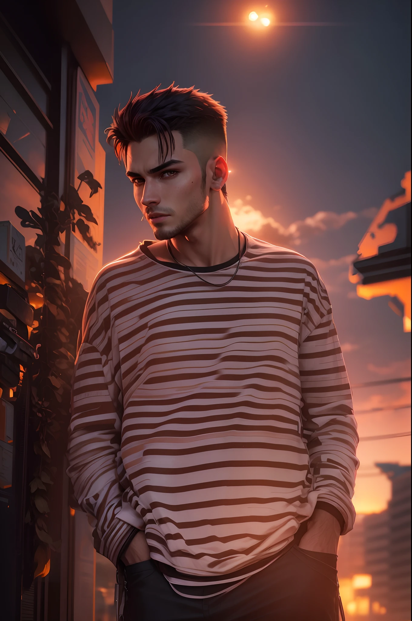 Realistic face, cyberpunk, good looking, handsome boy, sunset view in this person background, 8k regulations