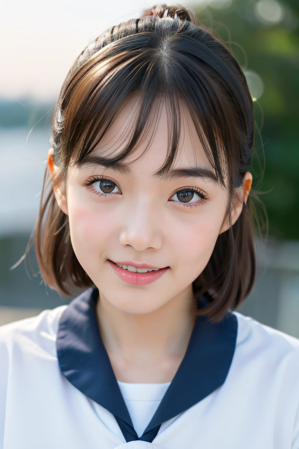 NSFW、 Wear a sailor suit、8k RAW photo, ((a sailor suit))top-quality, masterpiece,kawaii faces、dual、 ((a sailor suit))a smile、kawaii faces、超A high resolution, film grains, filmg, 1girl in, looking at the viewers, natural skin textures, realistic eyes and face details, Perfect tooth alignment、Perfect eyes and perfect mouth、 bangss,