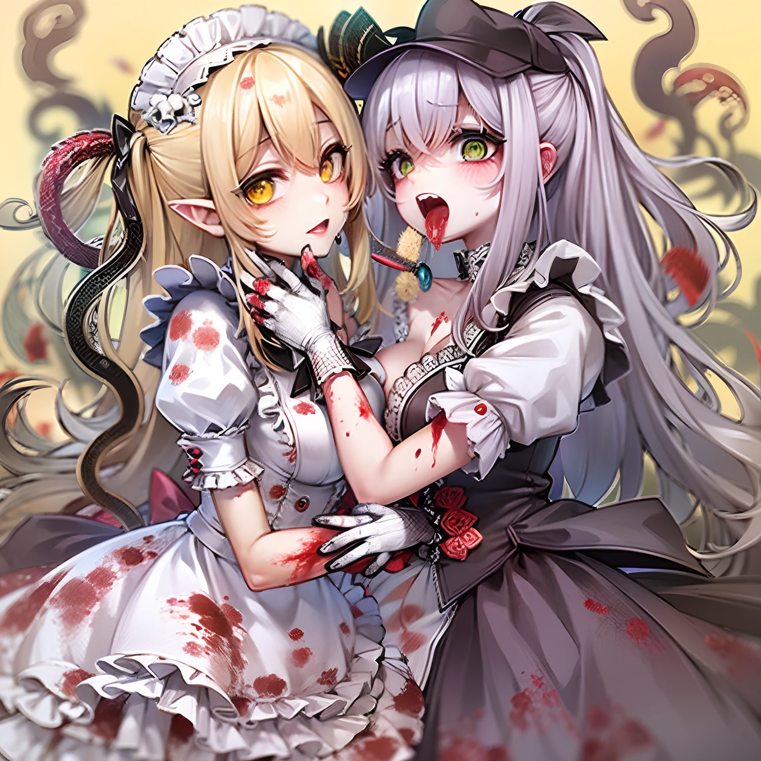 In a tentacle nest belonging to a zombie maid。Wearing a white-haired maid outfit, Big-breasted zombie maid with tentacles,Caught a yellow-haired girl in her twenties,The zombie maid spat tentacles out of her mouth to infect the yellow-haired girl。The zombie maid spat out her tentacles,Shove the tentacles into the yellow-haired girl's mouth。The zombie maid has blood on her face。"infect!"Zombie maid hugs the girl and infects her,A tentacle is inserted from the zombie maid's mouth into the girl's mouth。{A zombie maid with tentacles},{Yellow-haired girl}