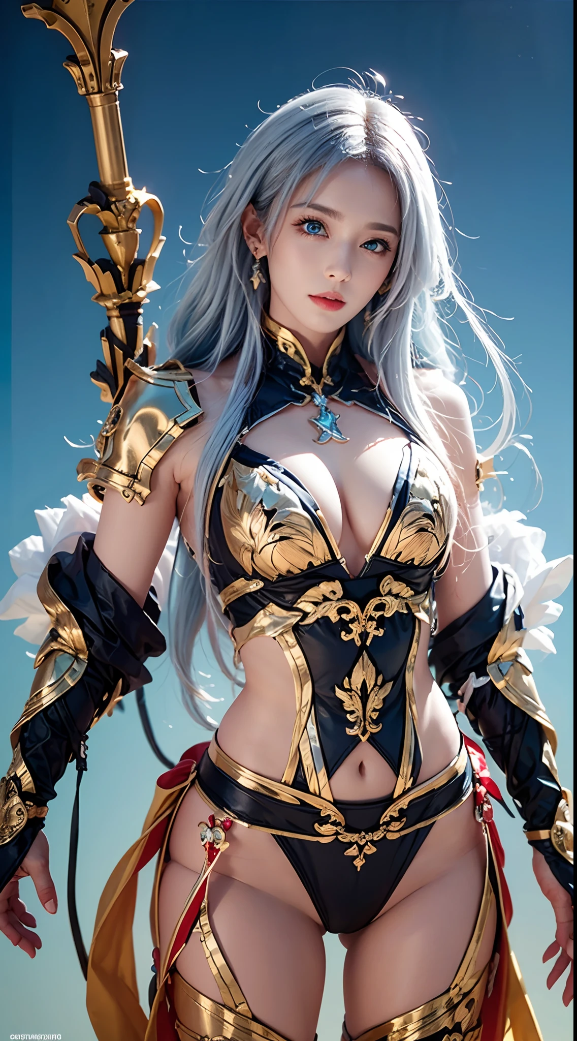 photorealistic, high resolution, soft lights, 1women, solo, hips up, look at viewer, (detailed face), blue eyes, white hair, long hair, photorealistic, masterpiece, photorealistic, high resolution, soft light, hips up, (blue eyes), starryskybackground，Wearing shiny gold armor， Sexy lingerie type armor，Expose your chest，Expose the waistline，Exposing thighs，cool-pose， Saint Seiya Armor， messy hair，high detal, Anime style, Cinematic lighting, Sparkle, god light, Ray traching, filmgrain, hyper HD, textureskin, super detailing, Anatomical correct, A high resolution，Ultra-high saturation，hight contrast，High-gloss armor，Smooth skin，Serious expressions,Dark room,