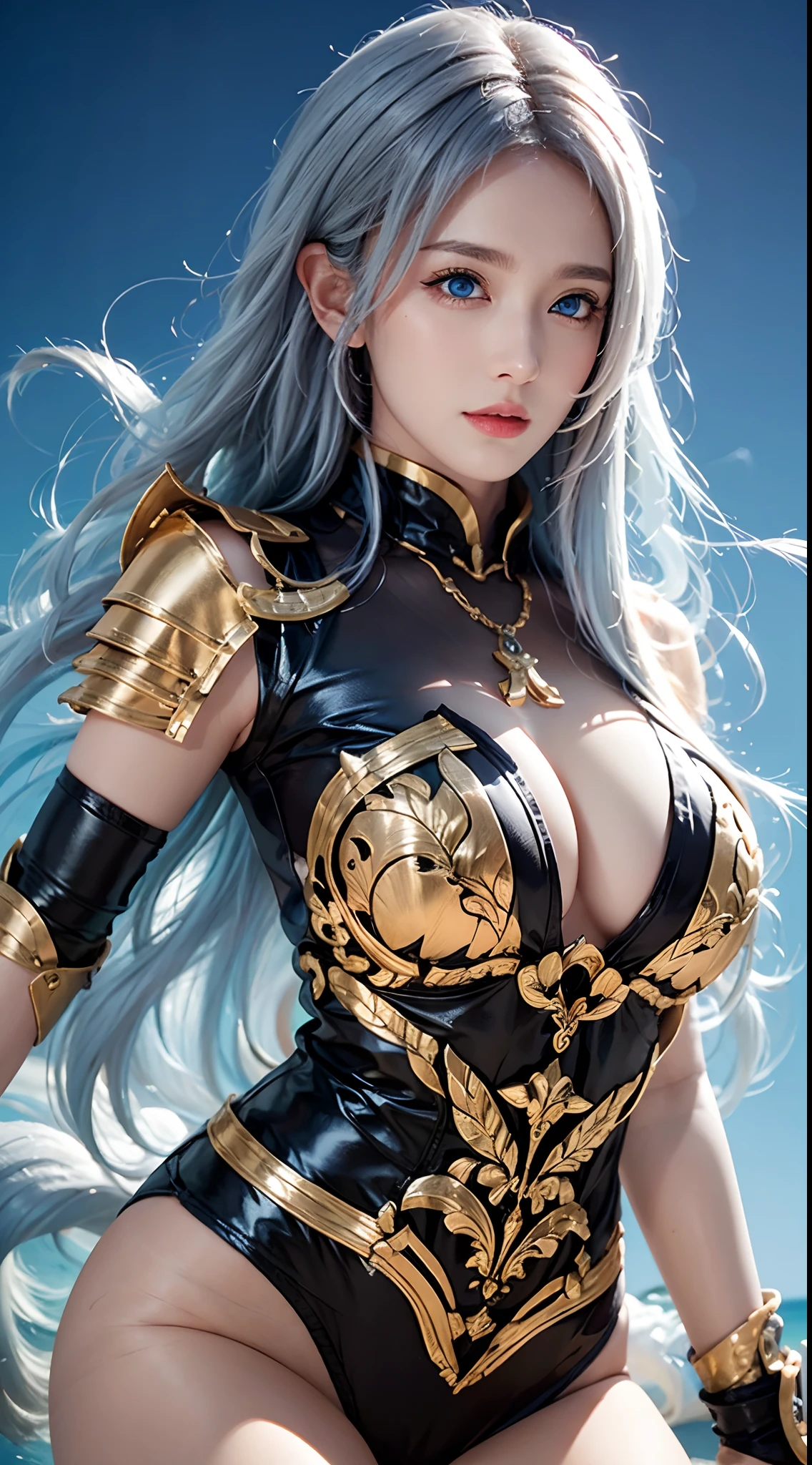 photorealistic, high resolution, soft lights, 1women, solo, hips up, look at viewer, (detailed face), blue eyes, white hair, long hair, photorealistic, masterpiece, photorealistic, high resolution, soft light, hips up, (blue eyes), starryskybackground,Wearing shiny gold armor, Sexy lingerie type armor,Expose your chest,Expose the waistline,Exposing thighs,cool-pose, Saint Seiya Armor, messy hair,high detal, Anime style, Cinematic lighting, Sparkle, god light, Ray traching, filmgrain, hyper HD, textureskin, super detailing, Anatomical correct, A high resolution,Ultra-high saturation,hight contrast,High-gloss armor,Smooth skin,Serious expressions,Dark room,
