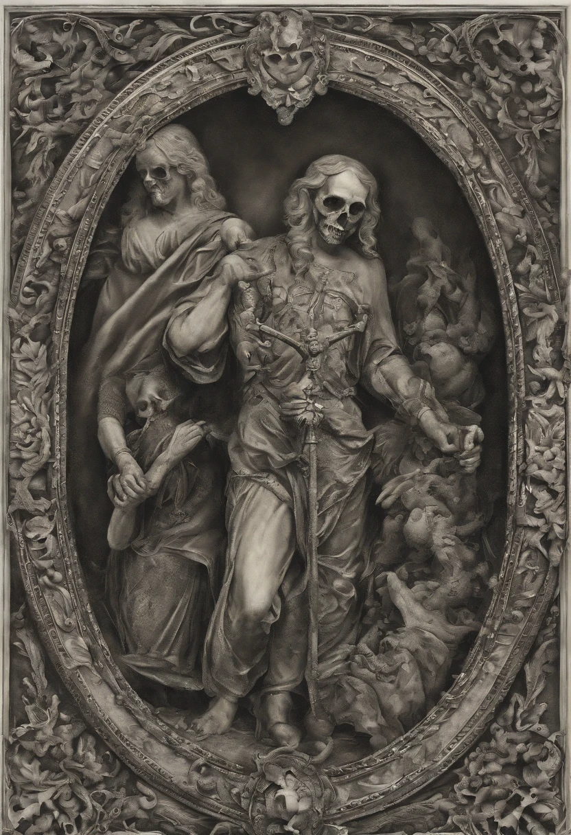 his is the first level of hell, the hell of scissors, where a million evil spirits, emasculated like skeletons, all stuck in their throats, tongues sticking out of their bodies, tongues gathering together, one demon holding a huge pair of scissors,  , divine, grand, majestic, majestic, oppressive,  Trending on Artstation + Incredible silver and black gothic illustration + Exquisite detail::1.5