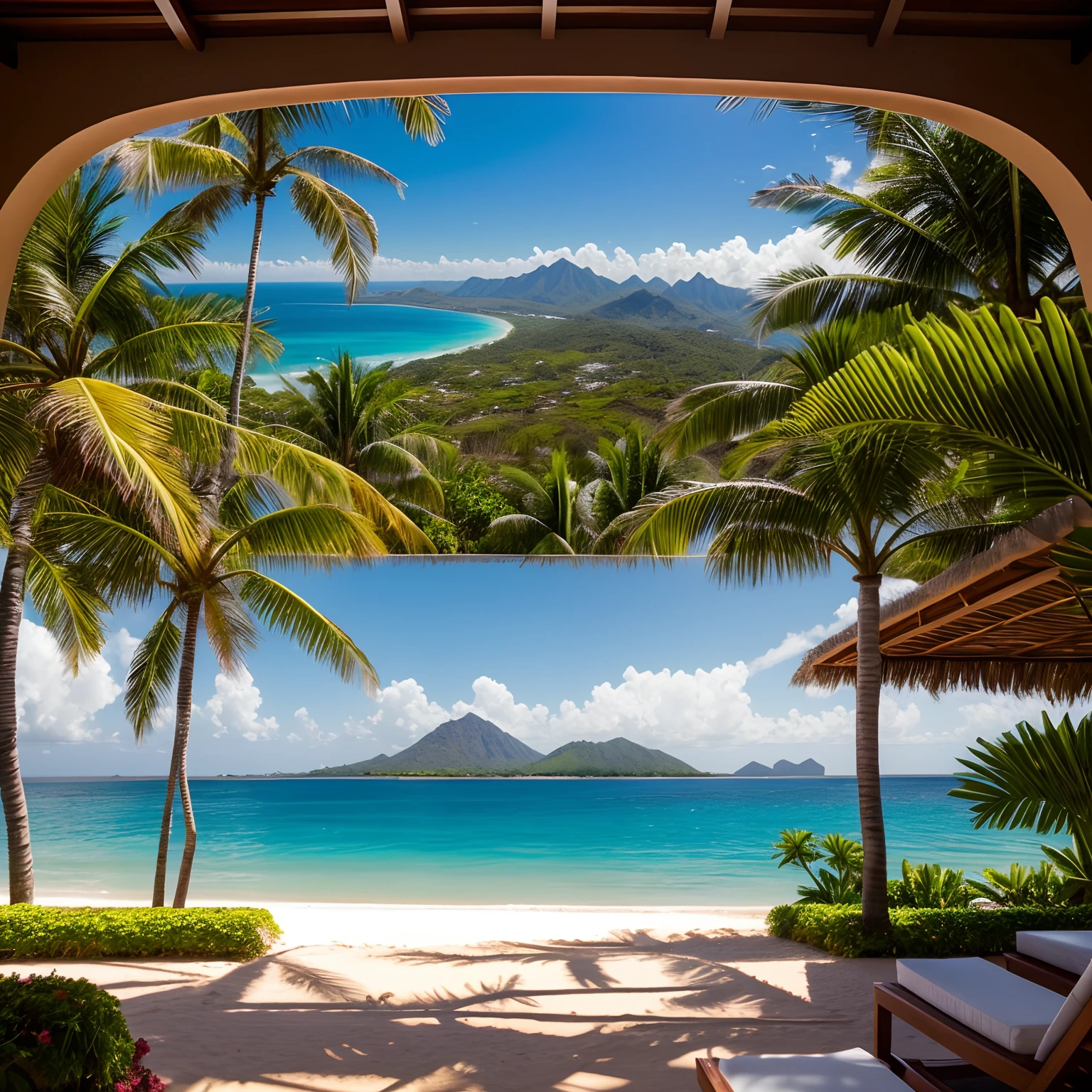 Imagem com riqueza de detalhes, Sharp focus across the plane, 8k, Vista de um resort , mesa preparada para casal, palmeiras ao vento, paradise in the background, Bom lugar, hora mais linda do zul anil no praia, atmosfera ensolarada, pleasant environment , Obra-prima maravilhosa, tropical paradise, ambiente ensolarado, Beautiful image, Beautiful image