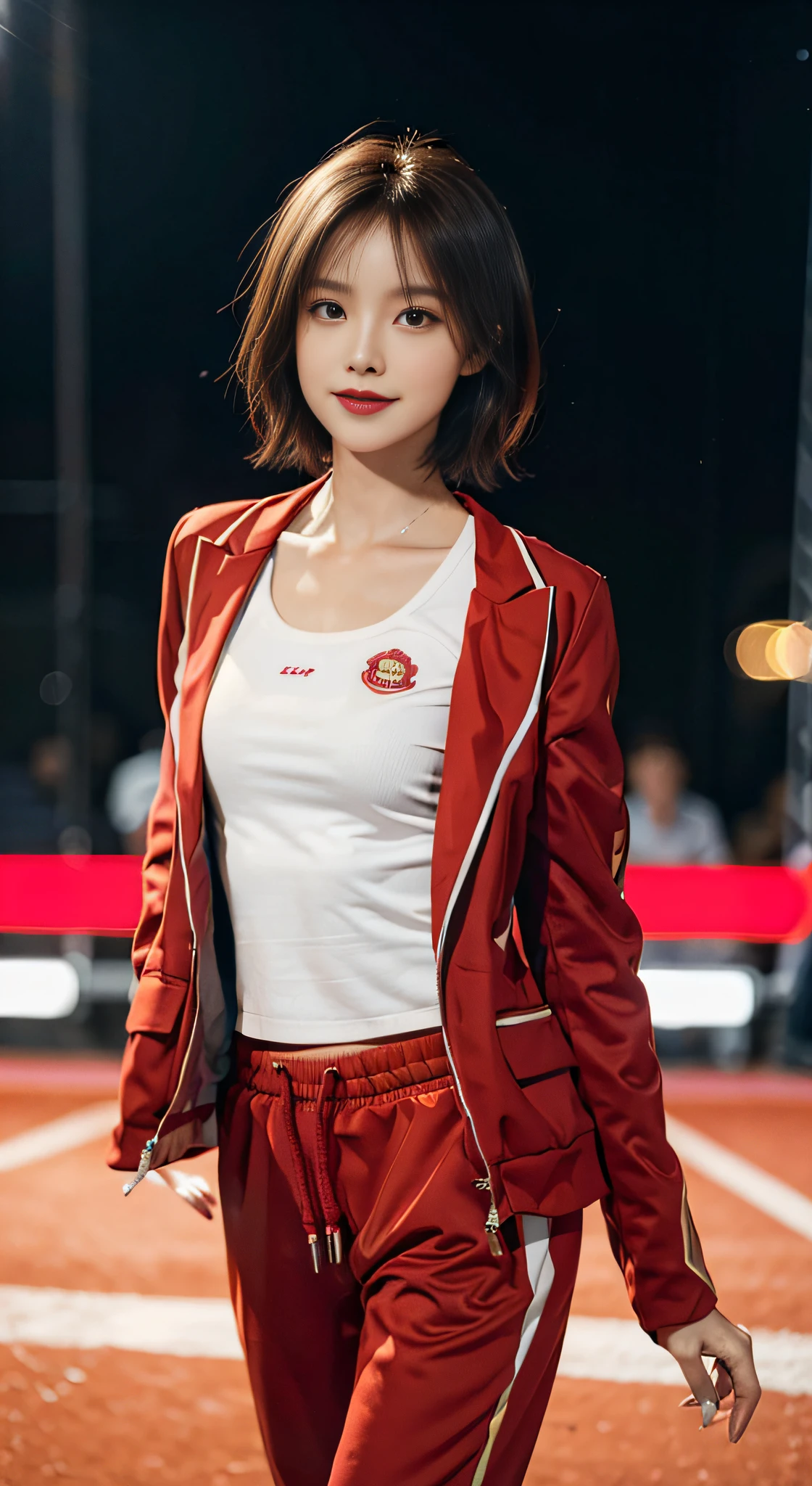 (Short shoulder-length hair: 1.2),（极其细致的CG 8k壁纸），（Extremely refined and beautiful），（Masterpiece），（best qualtiy:1.0），（超高分辨率:1.0），beautiful light up，Perfect lightning，realistic shaded，[A high resolution]，Smooth and flawless fair skin，Extremely delicate facial details，ultra - detailed，one-girl，Smile，Happy Ness,Small head,Small face,（Perfect body:1.1）,Small breasts,Flat chest,Slim,Thin,Slender legs,Detailed background,Inside a large sports complex,On the course track,Running,(Red sports coat:1.3),(Red sweatpants:1.3), (White sneakers:1.1), Upper body, Close-up Shot Shot,From the front side,The stands were packed with spectators,Opening ceremony of the main games,Night view, Bright lights,Warm atmosphere