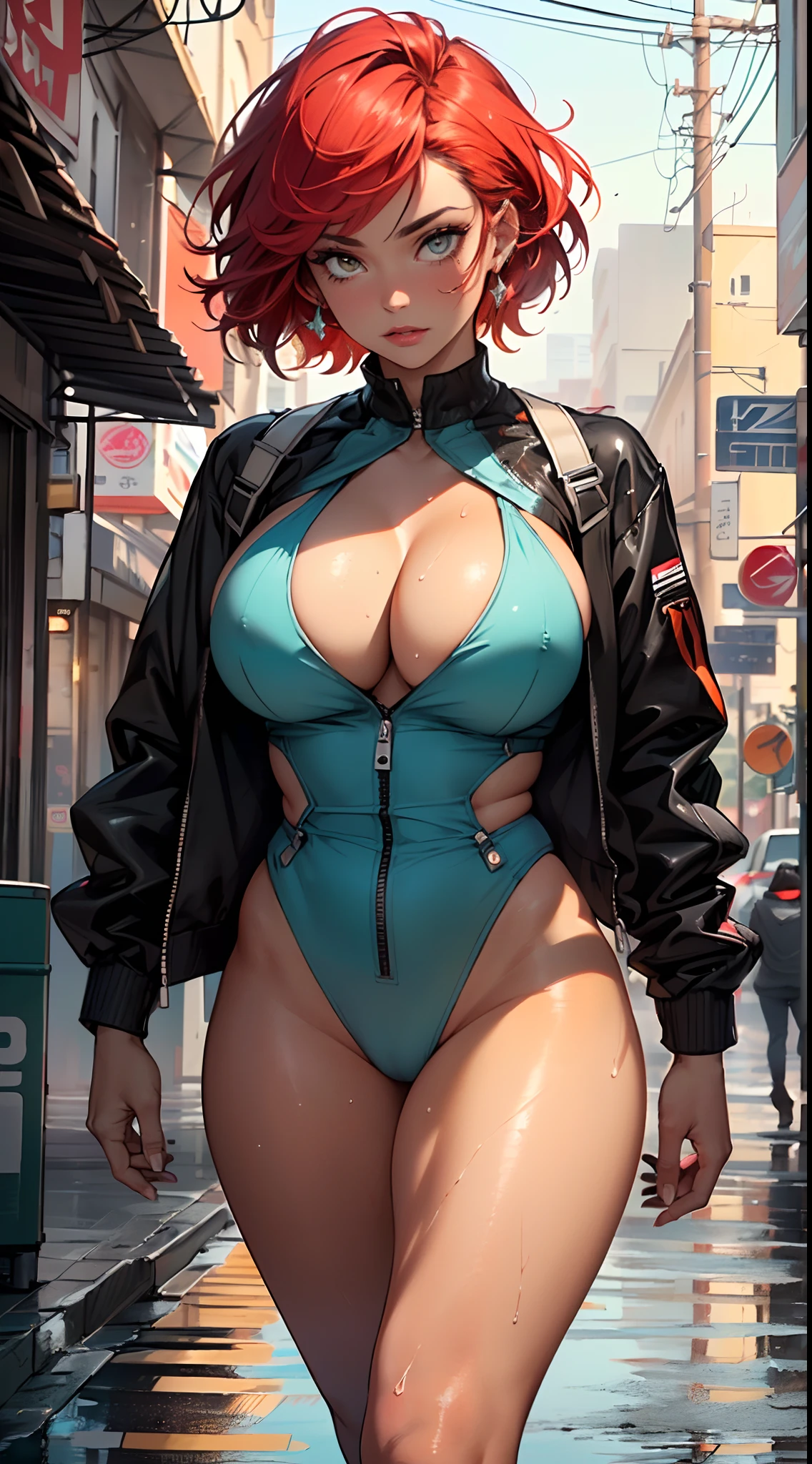 mechanical girl,(1girl: 1.3),((1 black girl with extremely cute and beautiful red hair)),((((black race)))),
(big breasts: 1.4),sagging breasts,(((short red hair: 1.35,cropped,redhead,very short hair))),((heterochromia:1.5, (orange_eye and red_eye))),intricate eyes,beautiful detailed eyes,symmetrical eyes,(fat),((((tan,dark skin,black skin:1.35,dark-skinned_female,dark skin:1.3,ebony skin,lustrous skin:1.5,bright skin: 1.5,shiny skin,very shiny skin,shiny body,illuminated skin,wet legs)))),(spider lower abdomen,narrow waist,wide hip ,athletic body,inflated legs,delicate and detailed fingers,detailed body,(detailed face)),((muscle legs)),((muscular thighs)),((muscular girl)),((strong and muscular,bodybuilder,strong body,muscular,feminine and muscular)),((ABS)),(huge stature,tall stature,very tall girl),
cute,slutty,sensual,seductive look,seductive,erotic,((nsfw)),
(fitted overalls: 1.3,suit unbuttoned),((mechanical tools on his clothing)),(((huge cleavage))),((wet clothes,intricate outfit,intricate clothes)),
(dynamic pose:1.0),embarrassed,(centered,scale to fit dimensions,Rule of thirds),
cyberpunk city by the ocean at night, with bright neon signs and dark stormy clouds and puddles, scenery:1.25,
artistic photography,(photography taken by sldr),highres, sharp focus, (ultra detailed, extremely detailed), (photorealistic artwork:1.37),(extremely detailed CG unity 8k wallpaper),((synthwave background theme)),(((vibrant colors))),(intricate background),(masterpiece),(best quality),