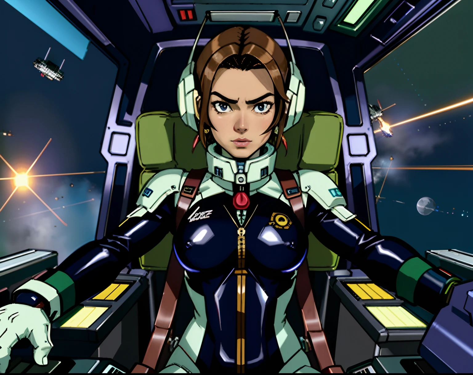 best quality,master part,altamente detalhado,ultra-detalhado,1 engrenagem ,Piloto de sementes de Gundam , Kira Yamato, 
ciborgue ,Latex bodysuit, full-length zipper,    ( em Mscockpit,cockpit  :1.3), ((pov nsfw in space))