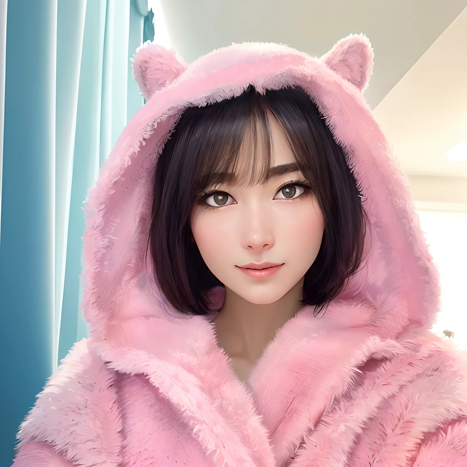 Absurd resolution, high resolution, (masterpiece: 1.4), hyper-detail, 1 young woman, short black hair, pink fur coat