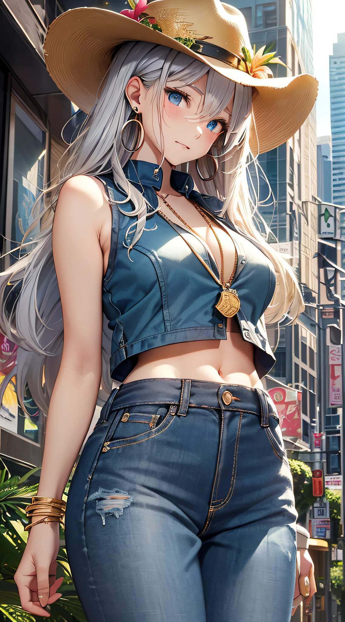 Masterpiece, Best quality, Sunset, Cityscape, Real, Huge_filesize, Everyone, Girl, Long hair, White hair, Wavy hair, Beautiful detailed eyes, Medium breasts, seifuku, Shorts under the skirt, fishnets pantyhose, Earrings, pendant, shackle, Chains, Light smile, Miniskirt,
