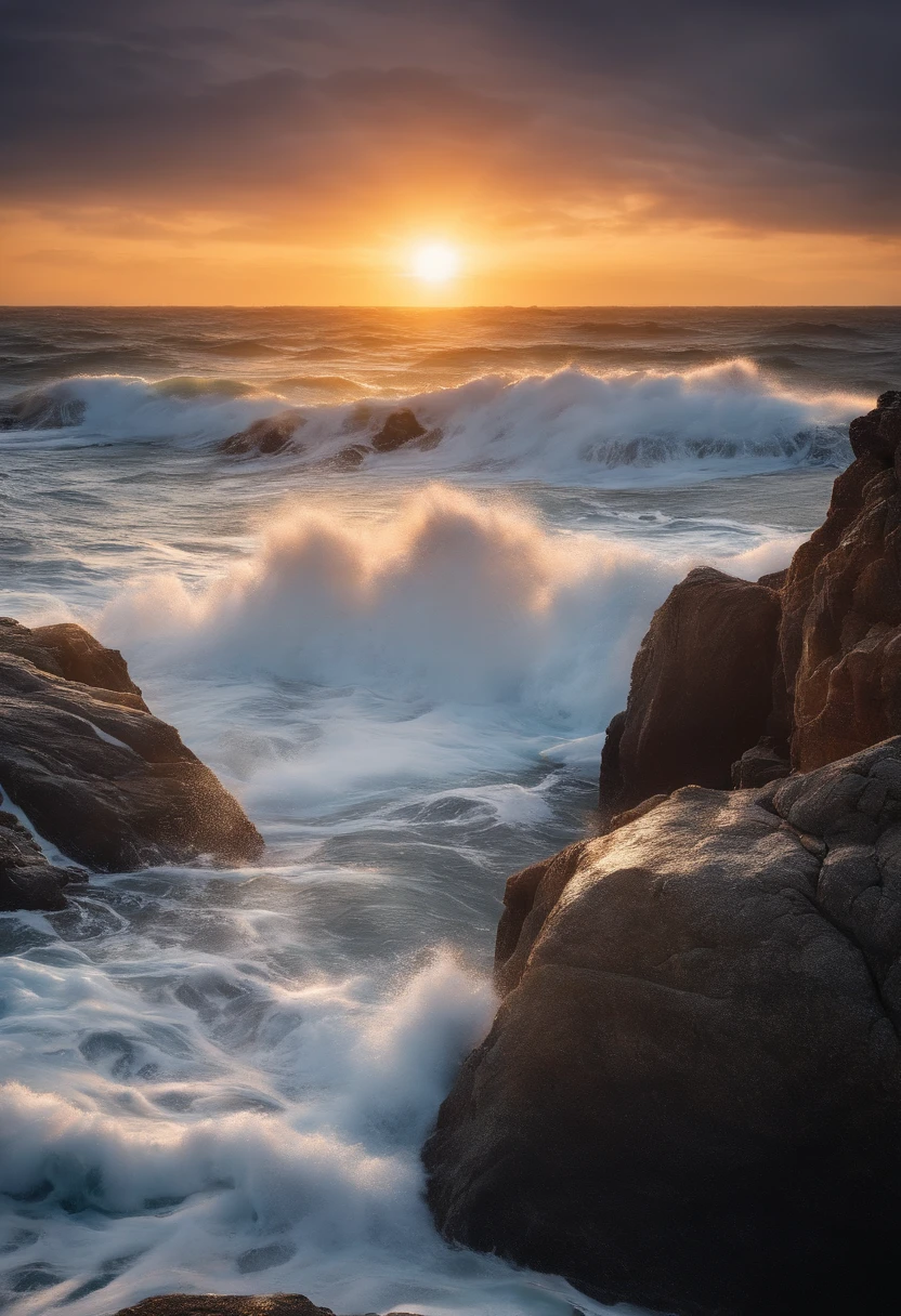 A dramatic scene of ocean waves crashing against the rocks with the sun. gleaming and a couple of seagulls in the sky.