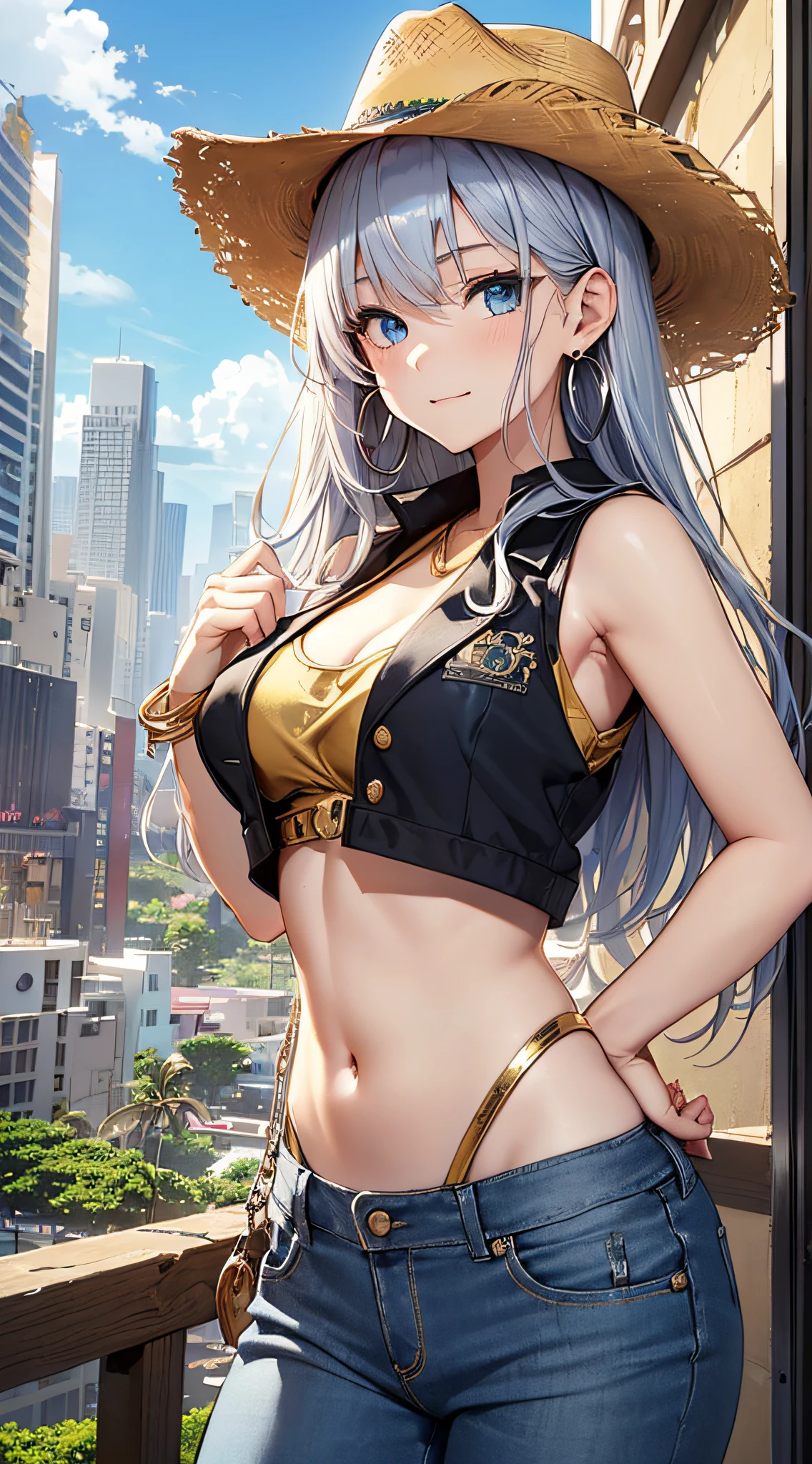 top-quality、Top image quality、masterpiece、girl with((18year old、 White navel tank top、Black vest、Blue long trousers、Best Bust、Bust 85、a blond、Semi-long、Cowboy Hat、Blue eyes、open chest wide、Valley、Happiness、A slender、Shy face、Gold Earrings、Silver keychain at waist))hiquality、Beautiful Art、Background with((A city of Hawaii where the sunlight is beautiful))、masutepiece、Elaborate design、visualart