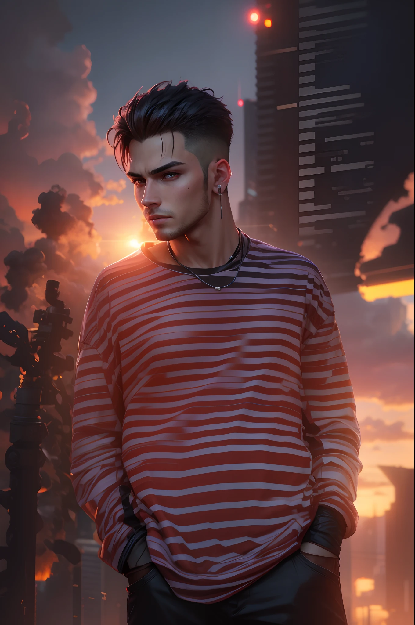 Realistic face, cyberpunk, good looking, handsome boy, sunset view in this person background, 8k regulations