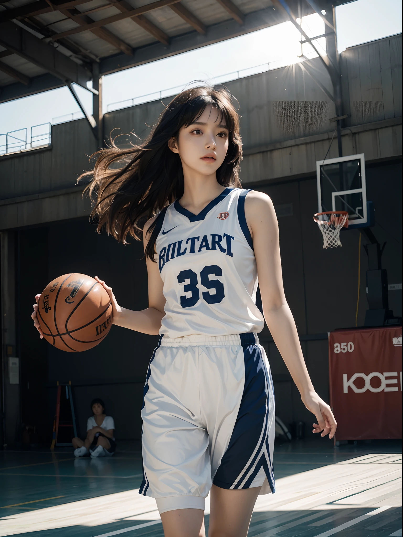 (8k, best quality, masterpiece:1.2), (realistic, photo-realistic:1.37), ultra-detailed,best quality, ultra high res, professional lighting, photon mapping, radiosity, physically-based rendering, cinematic lighting, basketball court,depth of field, sharp focus,sunbeam, good composition,(bokeh:1.2) 1girl,solo,(full body), (closed mouth),beautiful detailed eyes, pose, narrow waist,basketball uniform, black hair,messy hair,long hair floating in wind,(ulzzang-6500:1.2), mix4, hiqcgbody