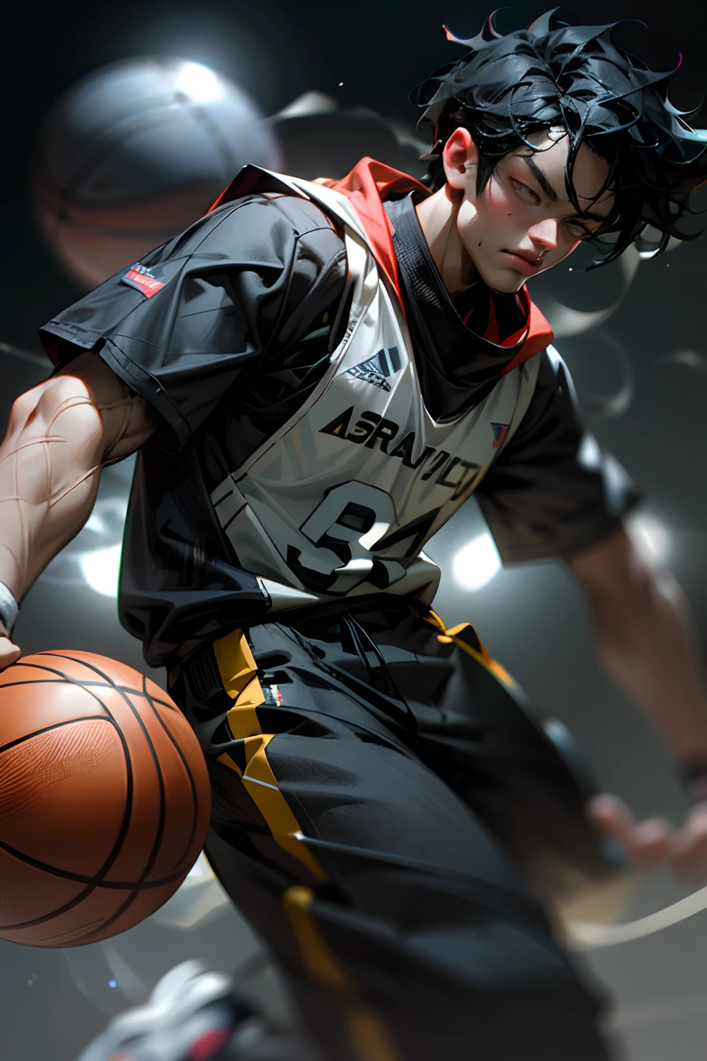 35mm camera lens,cool guy,athlete,basketball ball,Dunk,detailedbackground,Asian Games,True skin texture,Smudge,Accurate facial features,dynamic blur,super-fine,ultra - detailed,high qulity,8K ,oc rendered,dynamic viewing angle,Hyper Real,Ultra photo realsisim