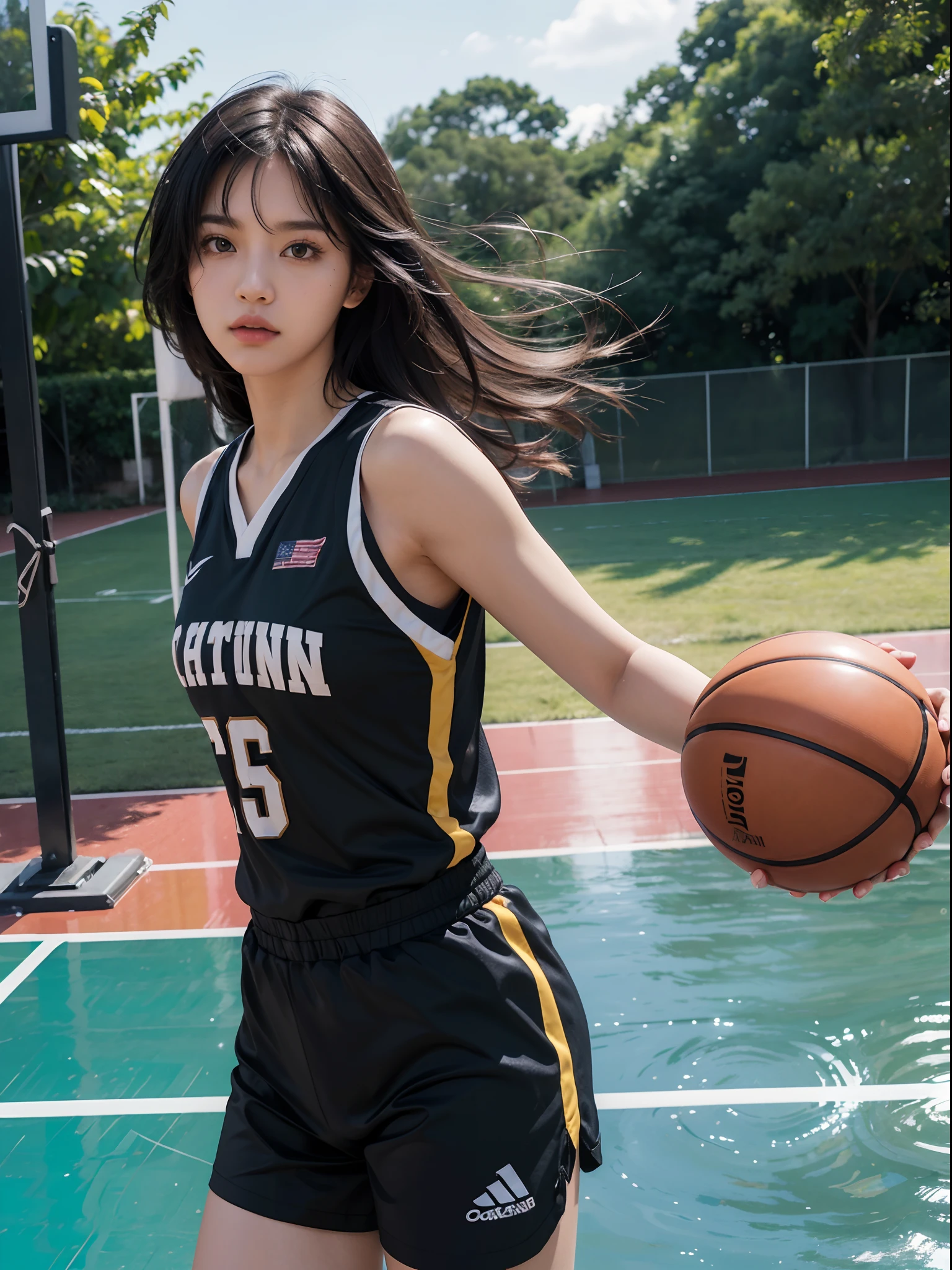 (8k, best quality, masterpiece:1.2), (realistic, photo-realistic:1.37), ultra-detailed,best quality, ultra high res, professional lighting, photon mapping, radiosity, physically-based rendering, cinematic lighting, basketball court,depth of field, sharp focus,sunbeam, good composition,(bokeh:1.2) 1girl,solo,(full body), (closed mouth),beautiful detailed eyes, pose, narrow waist,basketball uniform, black hair,messy hair,long hair floating in wind,(ulzzang-6500:1.2), mix4, hiqcgbody